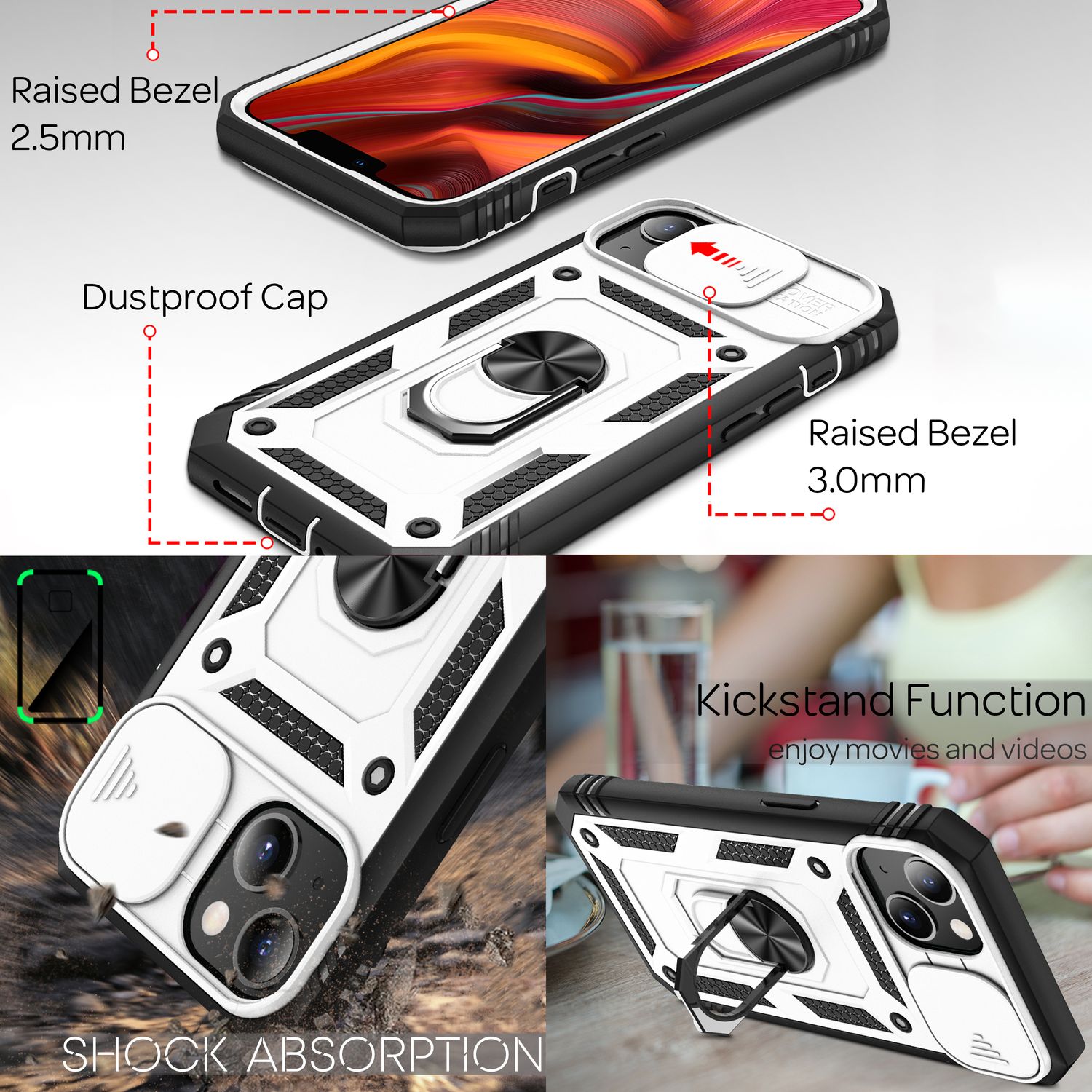 NALIA Military-Style Ringhülle für iPhone 13, Extrem Schützend mit Display-Rahmen & Kamera-Abdeckung Weiß NALIA Outdoor Hülle