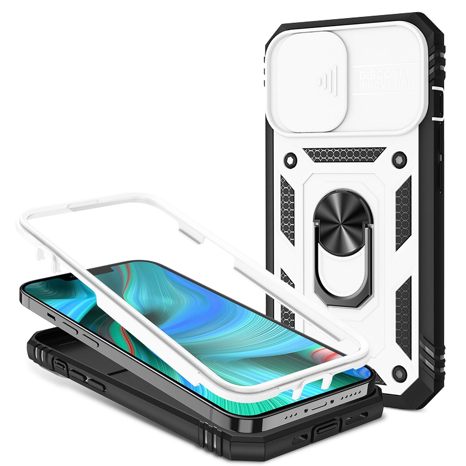 NALIA Military-Style Ringhülle für iPhone 13 Pro, Extrem Schützend mit Display-Rahmen & Kamera-Abdeckung, 360° Ring für Standfunktion & KFZ-Halterung Weiß NALIA Protective Hülle