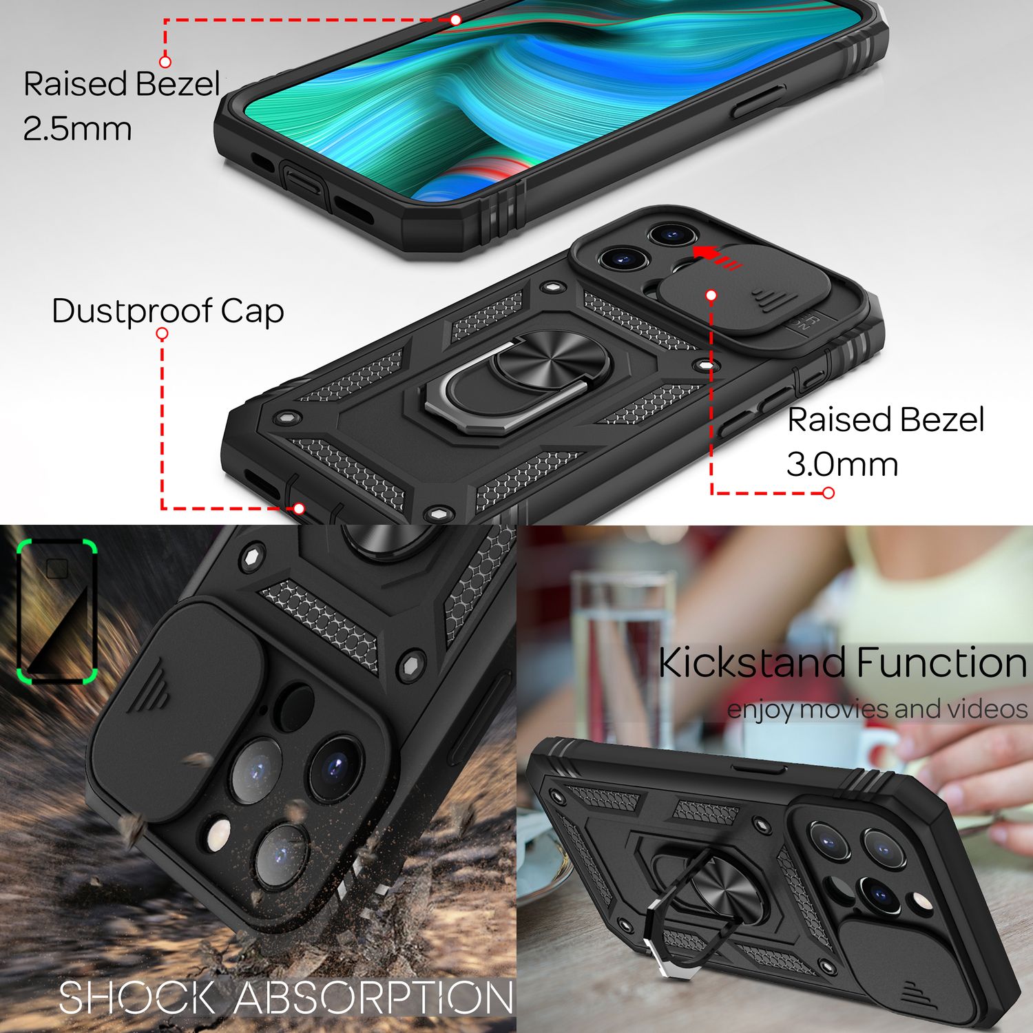 NALIA Military-Style Ringhülle für iPhone 13 Pro Max, Extrem Schützend mit Display-Rahmen & Kamera-Abdeckung Schwarz NALIA Protective Hülle