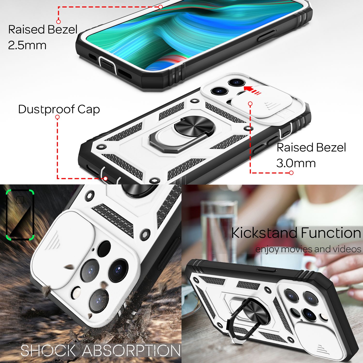 NALIA Military-Style Ringhülle für iPhone 13 Pro Max, Extrem Schützend mit Display-Rahmen & Kamera-Abdeckung Weiß NALIA Protective Hülle