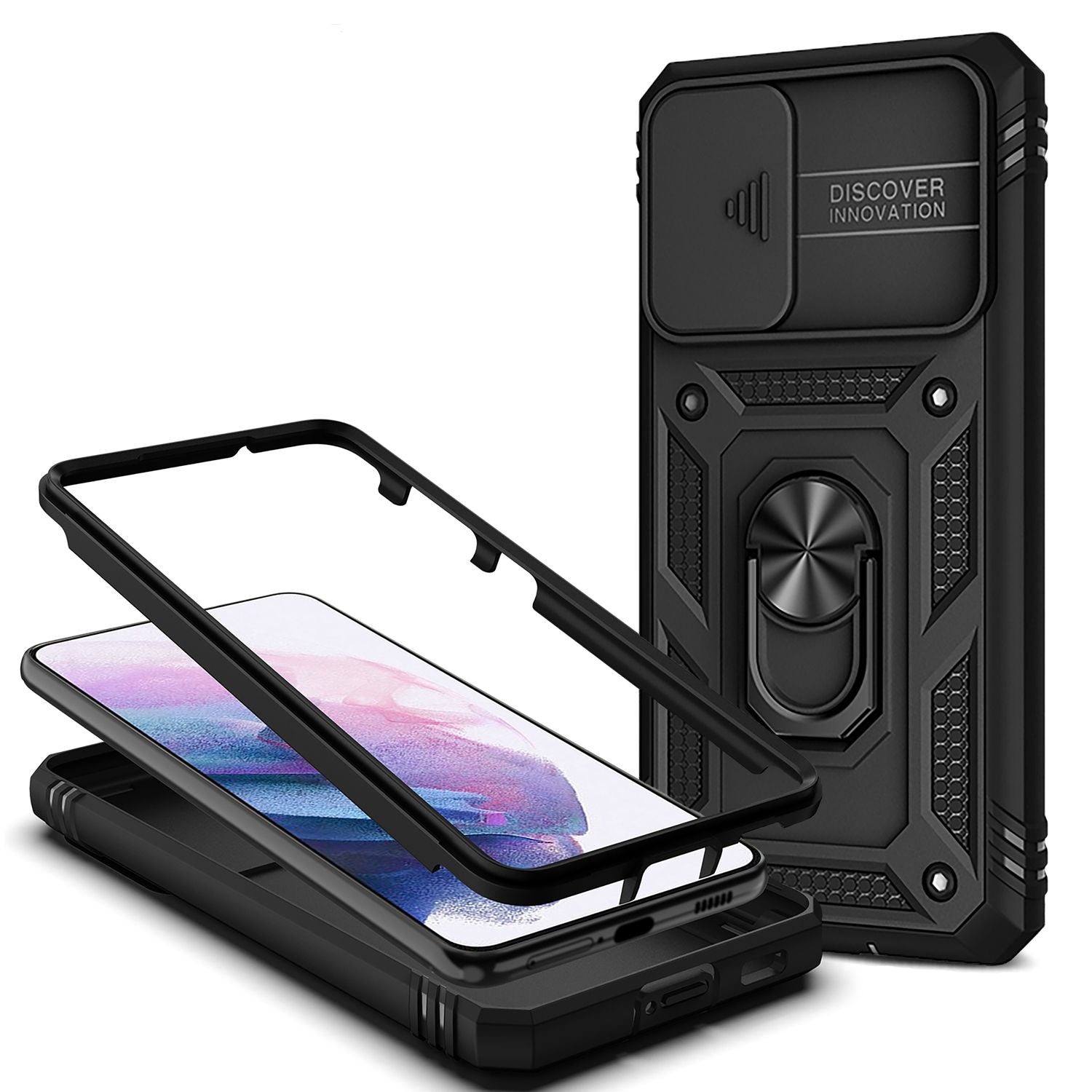 NALIA Military-Style Ringhülle für Samsung Galaxy S21, Extrem Schützend mit Display-Rahmen & Kamera-Abdeckung Schwarz NALIA Protective Hülle