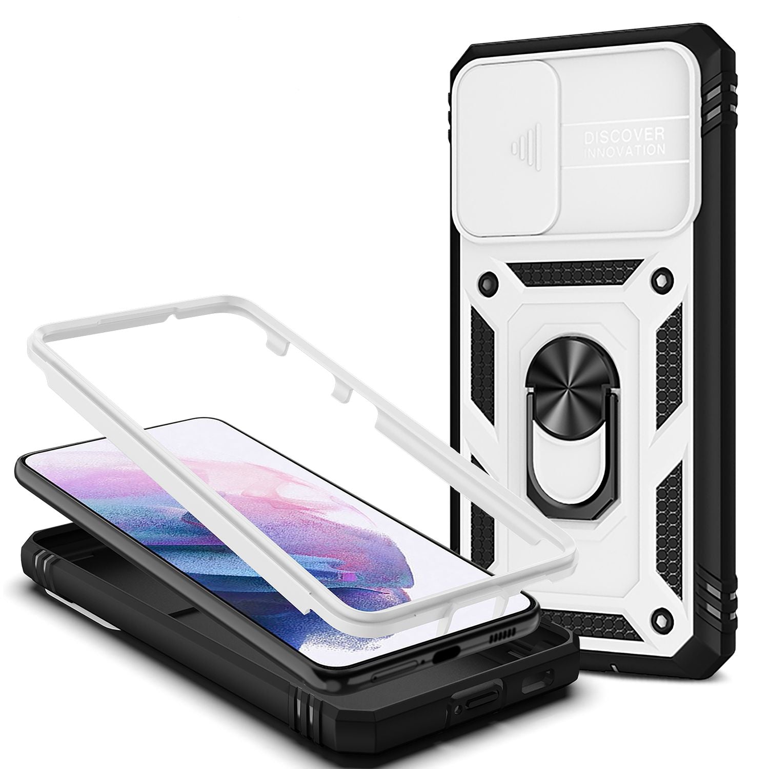 NALIA Military-Style Ringhülle für Samsung Galaxy S21, Extrem Schützend mit Display-Rahmen & Kamera-Abdeckung Weiß NALIA Protective Hülle