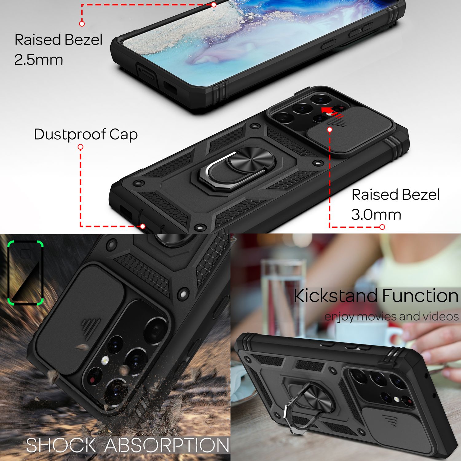 NALIA Outdoor Handyhülle Samsung Galaxy S21 Ultra, 360° Ring stoßfest robust Schwarz NALIA Protective Hülle