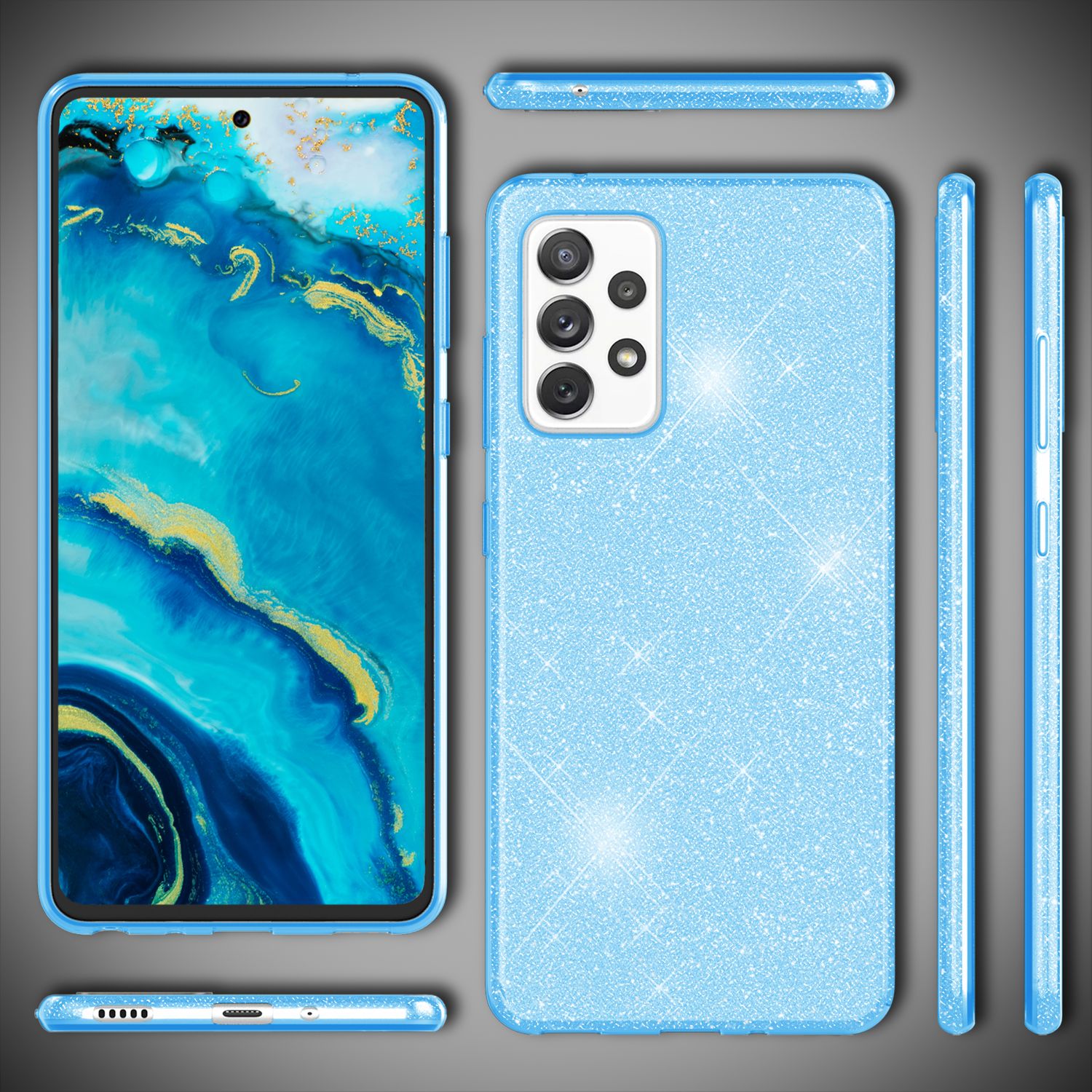 NALIA Robuste Glitzerhülle für Samsung Galaxy A53, Glänzende Glitzer Hybrid Schutzhülle Verstärkte Silikon Handyhülle Blau NALIA Protective Hülle