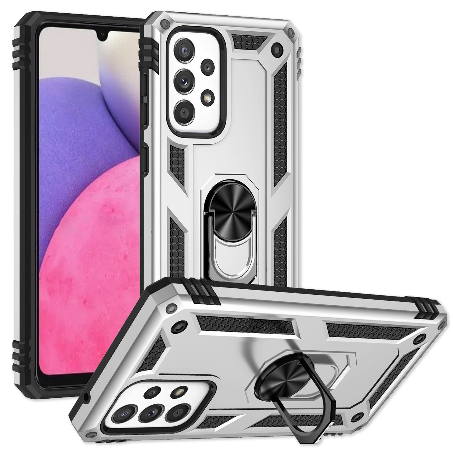 Military-Style Ringhülle für Samsung Galaxy A53, Extrem Schützend Stoßfest Robust Outdoor, Handyhülle mit 360° Ring für Standfunktion & KFZ-Halterung Silber NALIA Protective Hülle