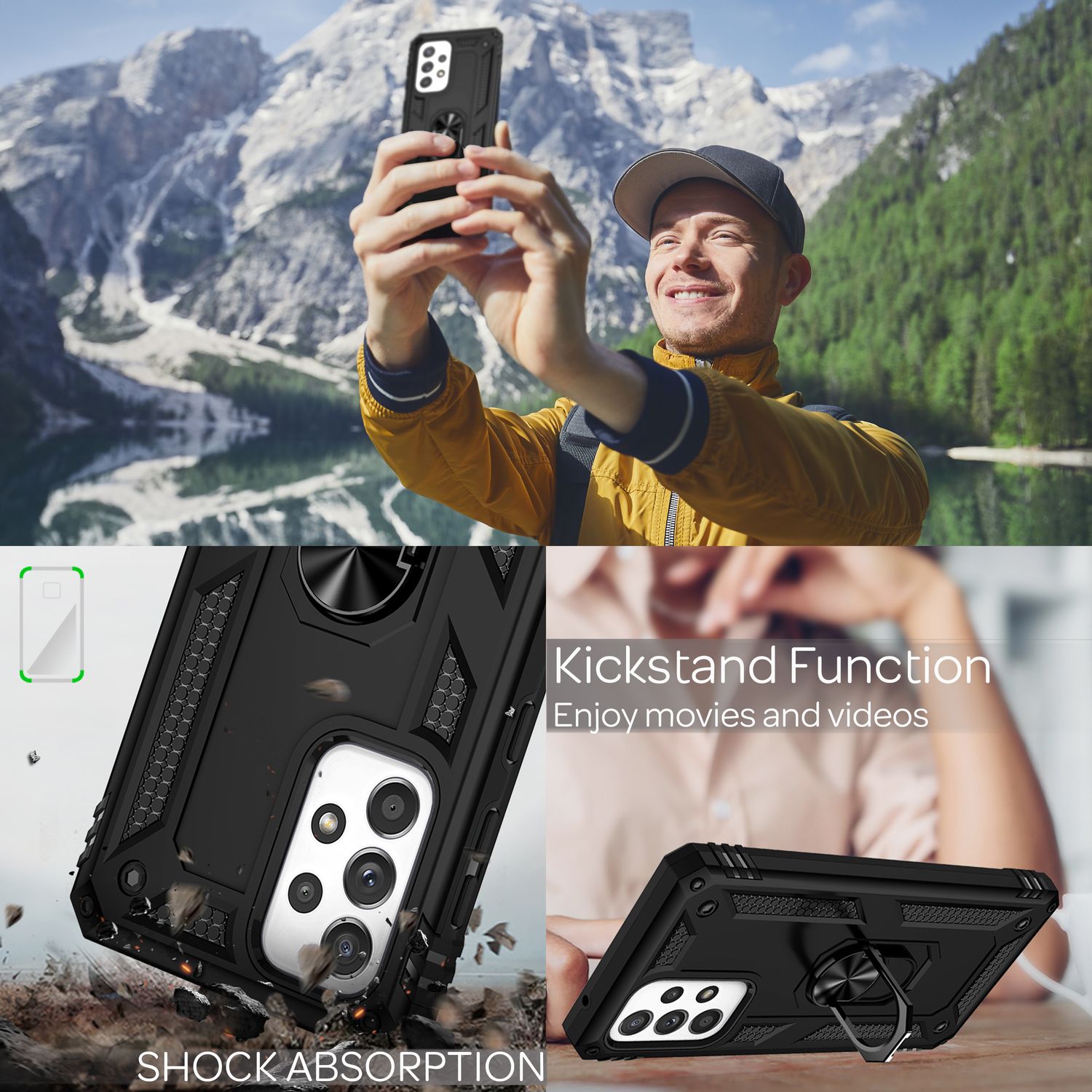 Military-Style Ringhülle für Samsung Galaxy A53, Extrem Schützend Stoßfest Robust Outdoor, Handyhülle mit 360° Ring für Standfunktion & KFZ-Halterung Schwarz NALIA Protective Hülle