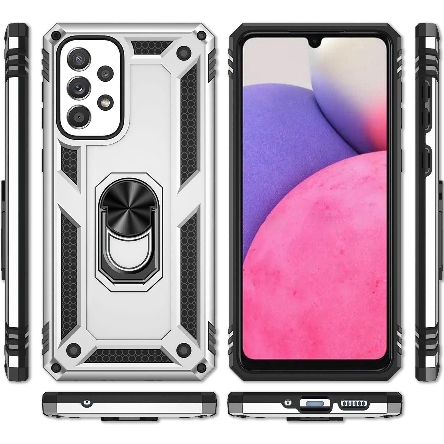 Military-Style Ringhülle für Samsung Galaxy A53, Extrem Schützend Stoßfest Robust Outdoor, Handyhülle mit 360° Ring für Standfunktion & KFZ-Halterung Silber NALIA Protective Hülle