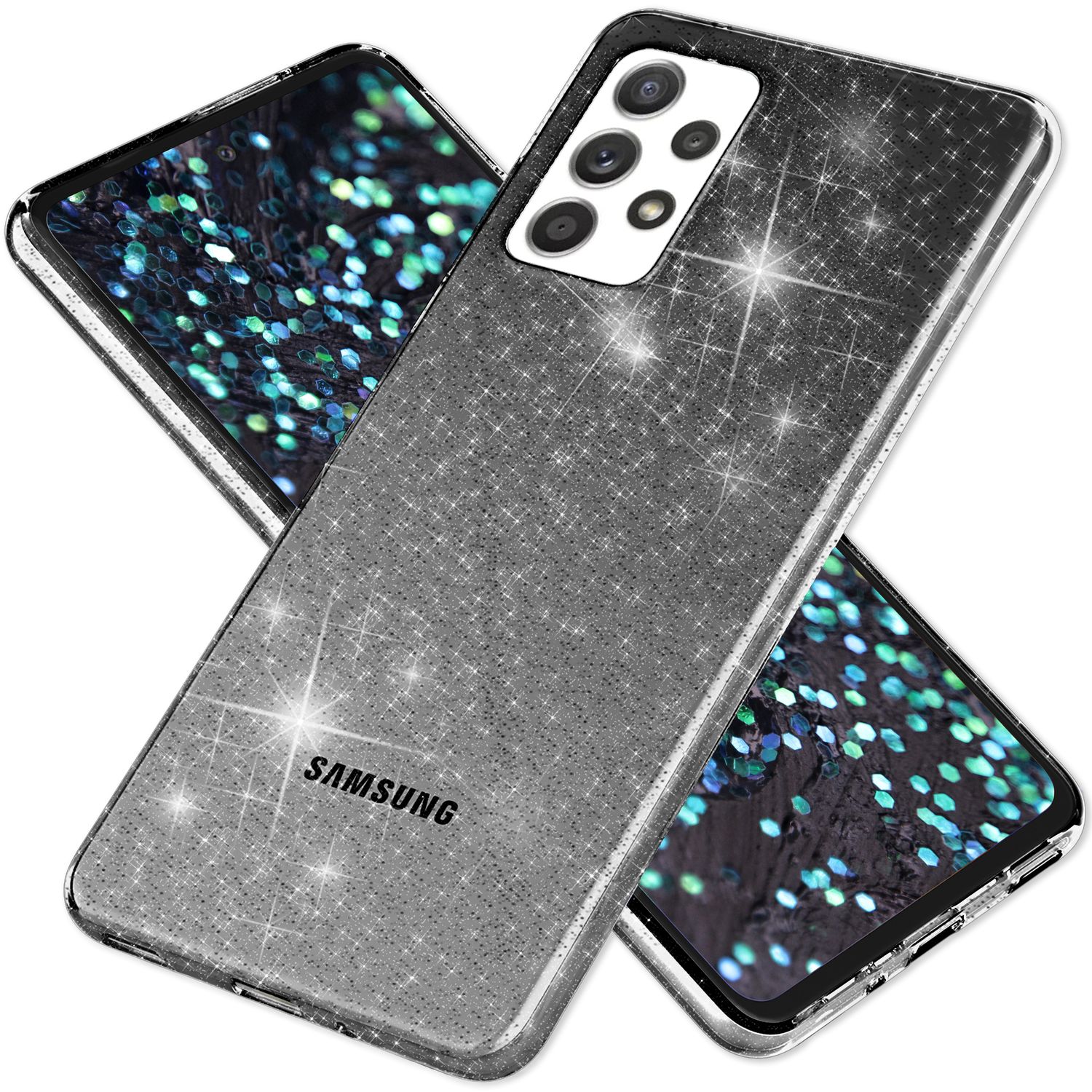 NALIA Klare Glitzerhülle für Samsung Galaxy A53, Durchsichtig Vergilbungsfrei