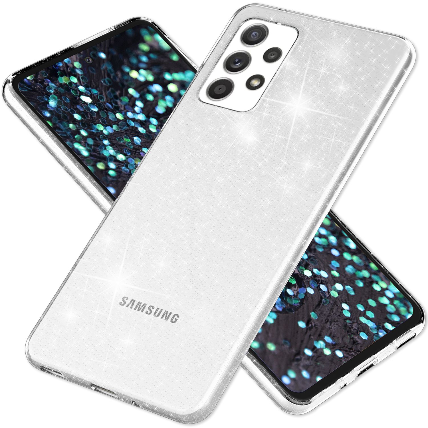 NALIA Klare Glitzerhülle für Samsung Galaxy A53, Durchsichtig Vergilbungsfrei
