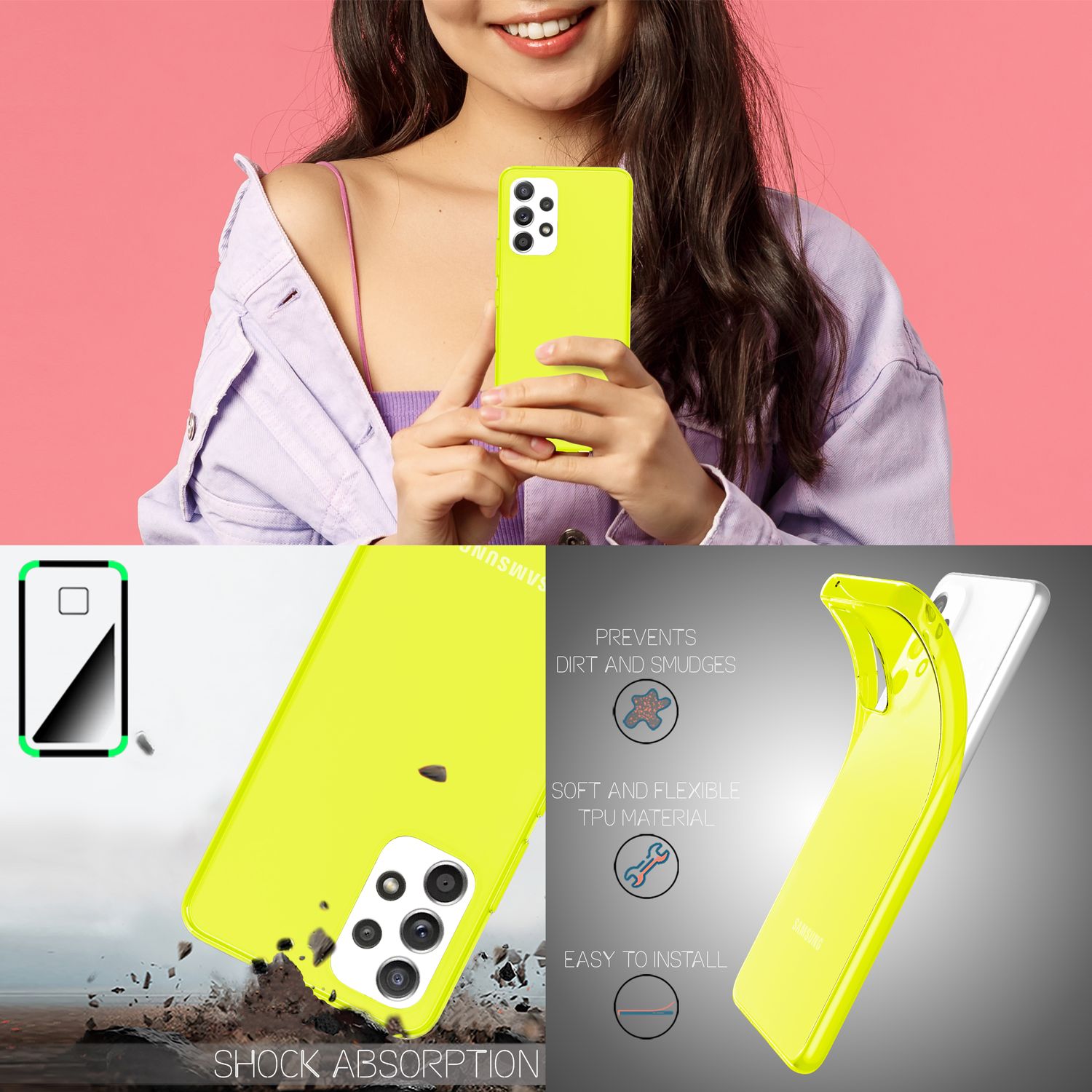 Klare Neon Silikonhülle für Samsung Galaxy A53, Handy Hülle Schutz TPU Case Gelb NALIA Transparente Hülle