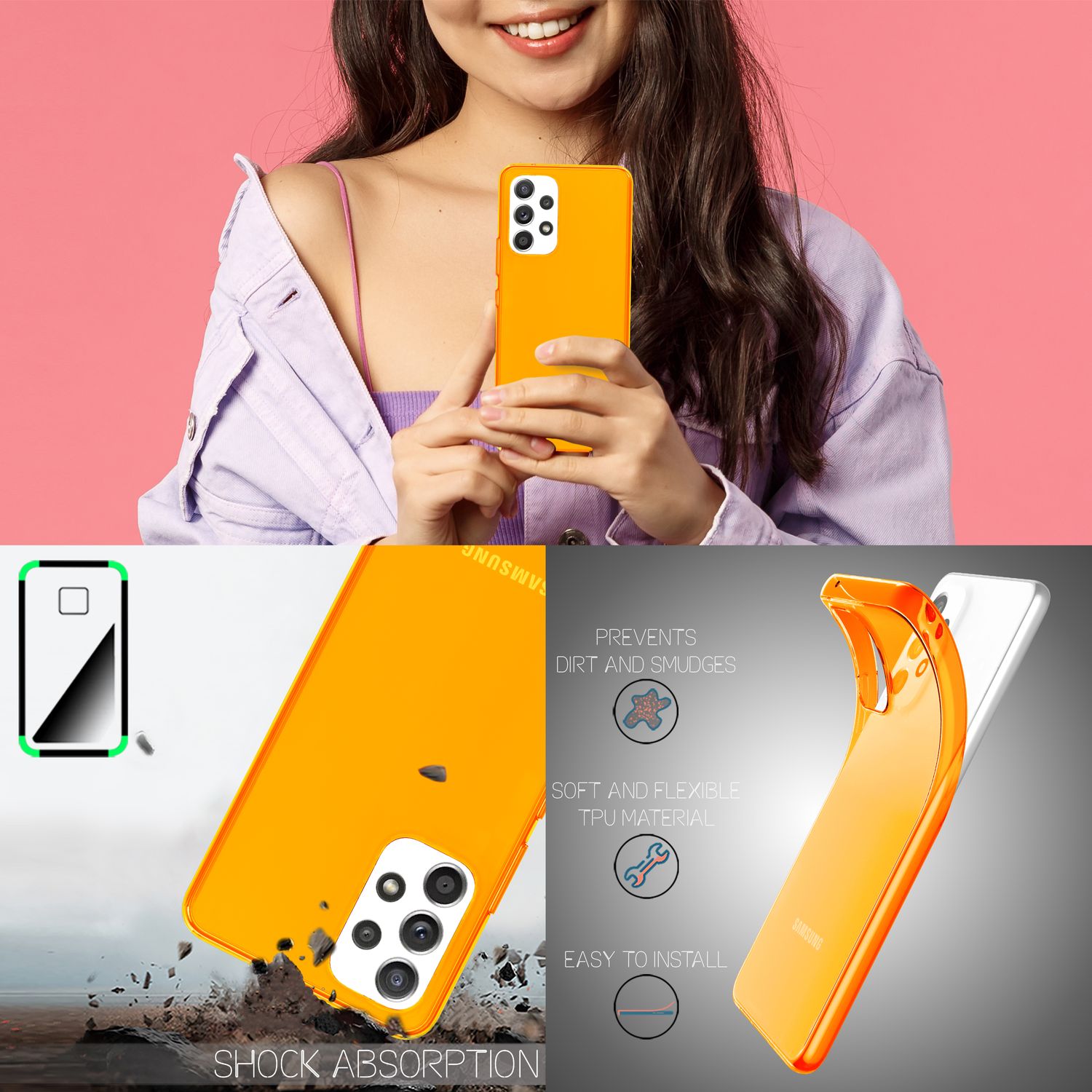 Klare Neon Silikonhülle für Samsung Galaxy A53, Handy Hülle Schutz TPU Case Orange NALIA Transparente Hülle