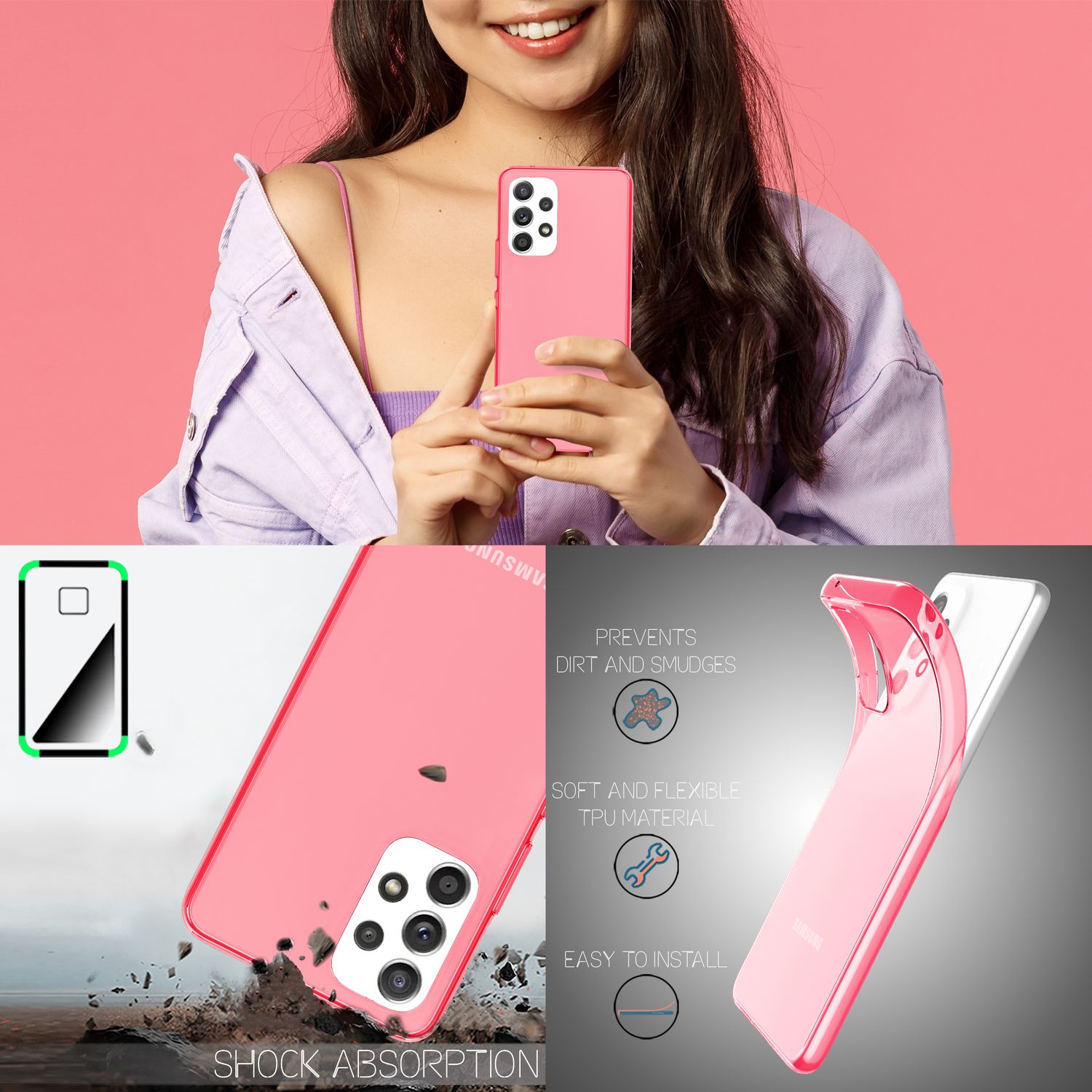 Klare Neon Silikonhülle für Samsung Galaxy A53, Handy Hülle Schutz TPU Case Pink NALIA Transparente Hülle