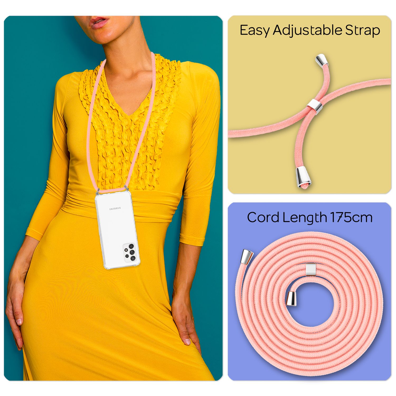 Für Samsung Galaxy A33 - Handy Hülle mit Kette Robust Hard Case & Umhänge Band Pink NALIA Transparente Hülle