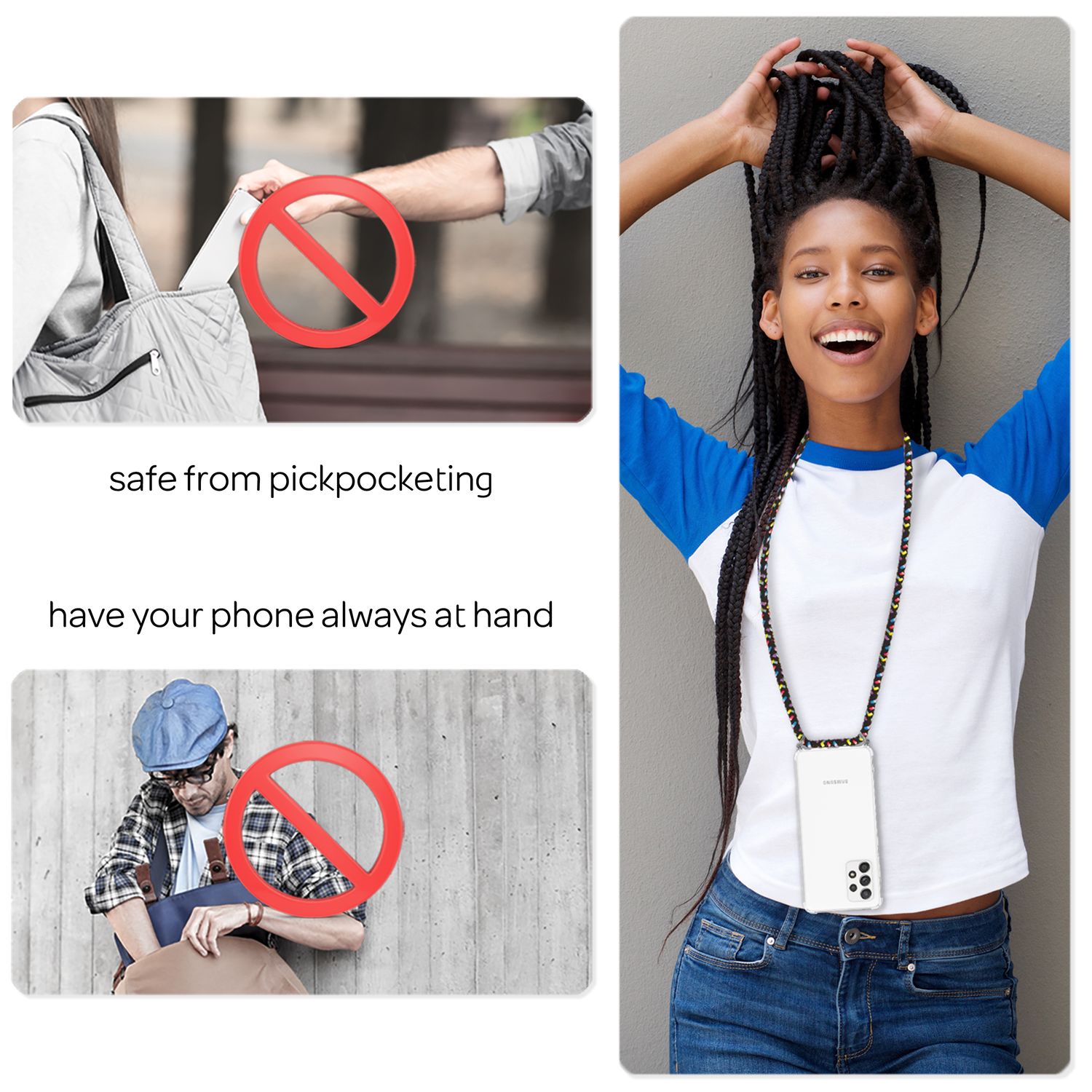 Für Samsung Galaxy A33 - Handy Hülle mit Kette Robust Hard Case & Umhänge Band Schwarz Bunt NALIA Transparente Hülle