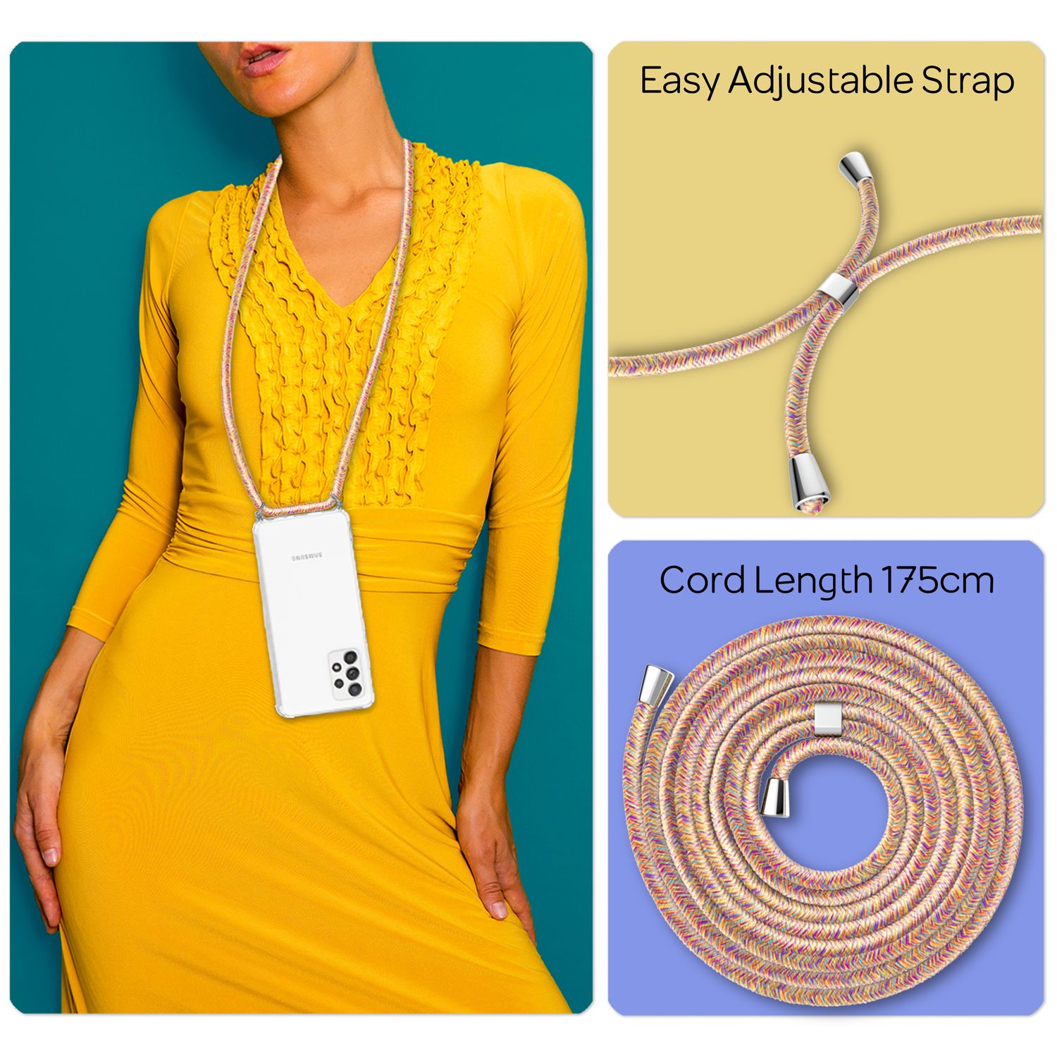 NALIA Handyhülle mit Kette für Samsung Galaxy A53, Transparente Schutzhülle & Handy-Schnur zum Umhängen, Robust Vergilbungsfrei Klar, Hardcase & Silikon Rahmen Regenbogen NALIA Transparente Hülle