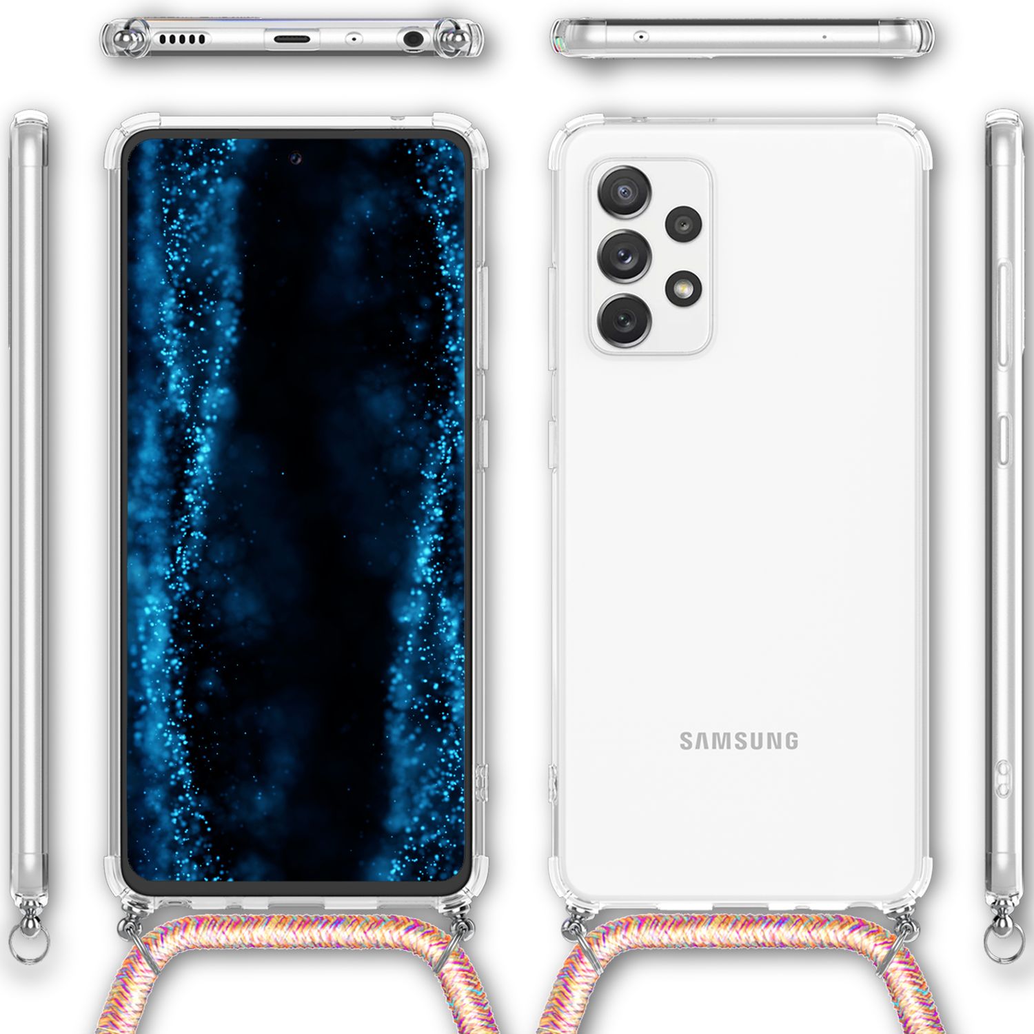 NALIA Handyhülle mit Kette für Samsung Galaxy A53, Transparente Schutzhülle & Handy-Schnur zum Umhängen, Robust Vergilbungsfrei Klar, Hardcase & Silikon Rahmen Regenbogen NALIA Transparente Hülle