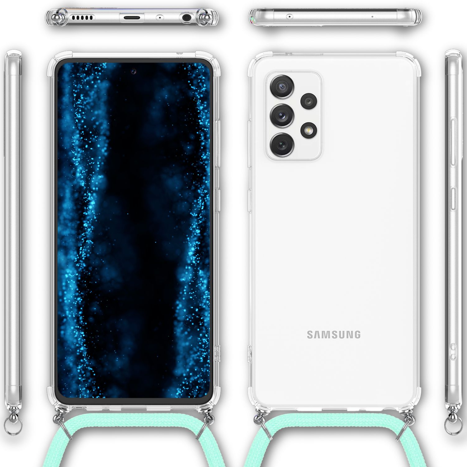NALIA Handyhülle mit Kette für Samsung Galaxy A53, Transparente Schutzhülle & Handy-Schnur zum Umhängen, Robust Vergilbungsfrei Klar, Hardcase & Silikon Rahmen Mint-Grün NALIA Transparente Hülle
