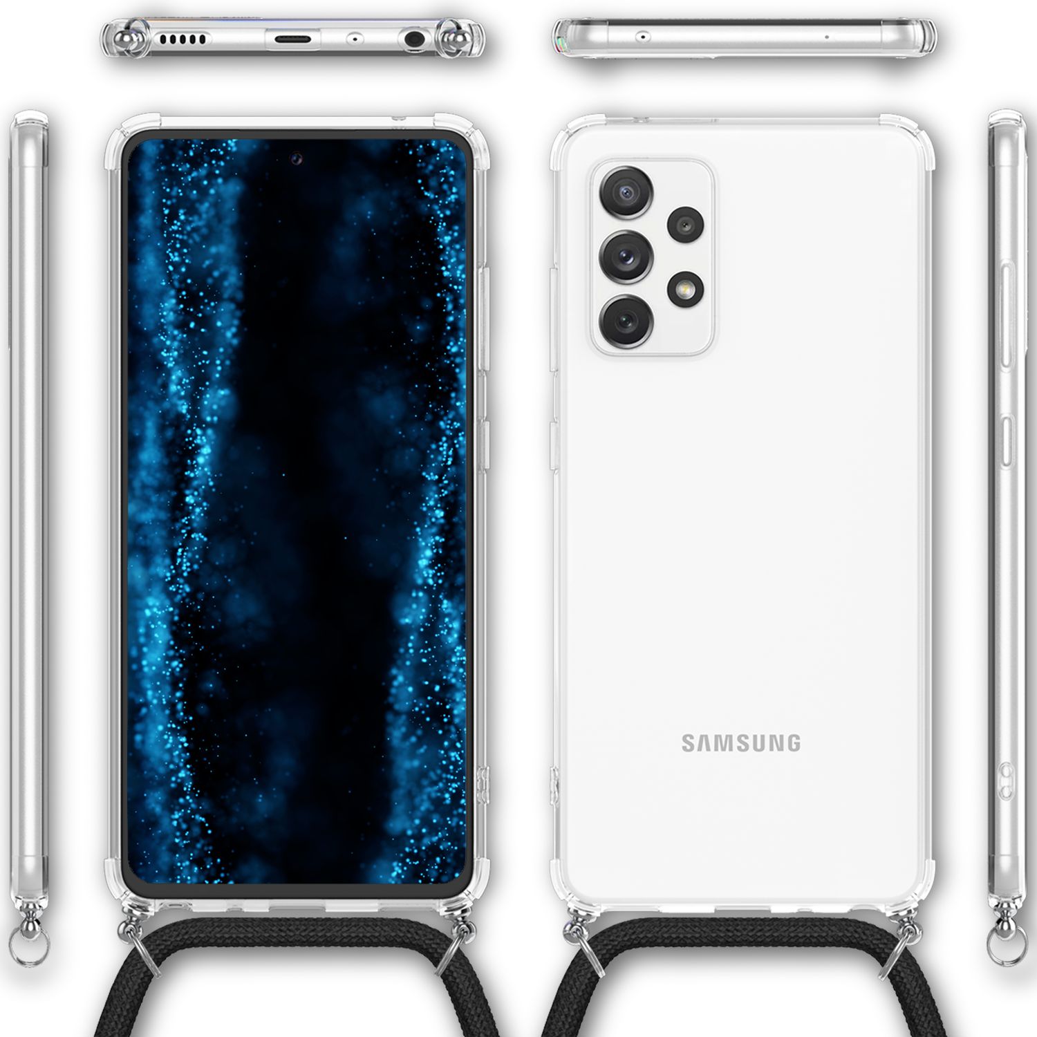 NALIA Handyhülle mit Kette für Samsung Galaxy A53, Transparente Schutzhülle & Handy-Schnur zum Umhängen, Robust Vergilbungsfrei Klar, Hardcase & Silikon Rahmen Schwarz NALIA Transparente Hülle