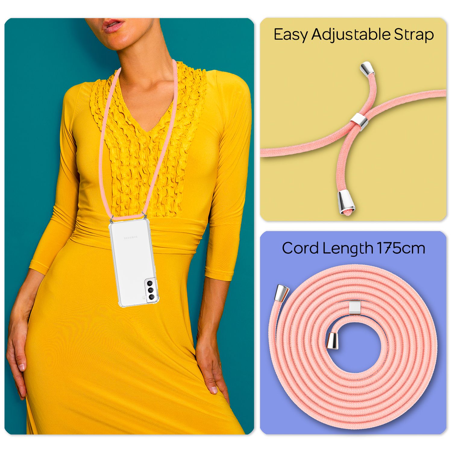 NALIA Handyhülle mit Kette für Samsung Galaxy S22, Transparente Klare Schutzhülle & Handy-Schnur zum Umhängen