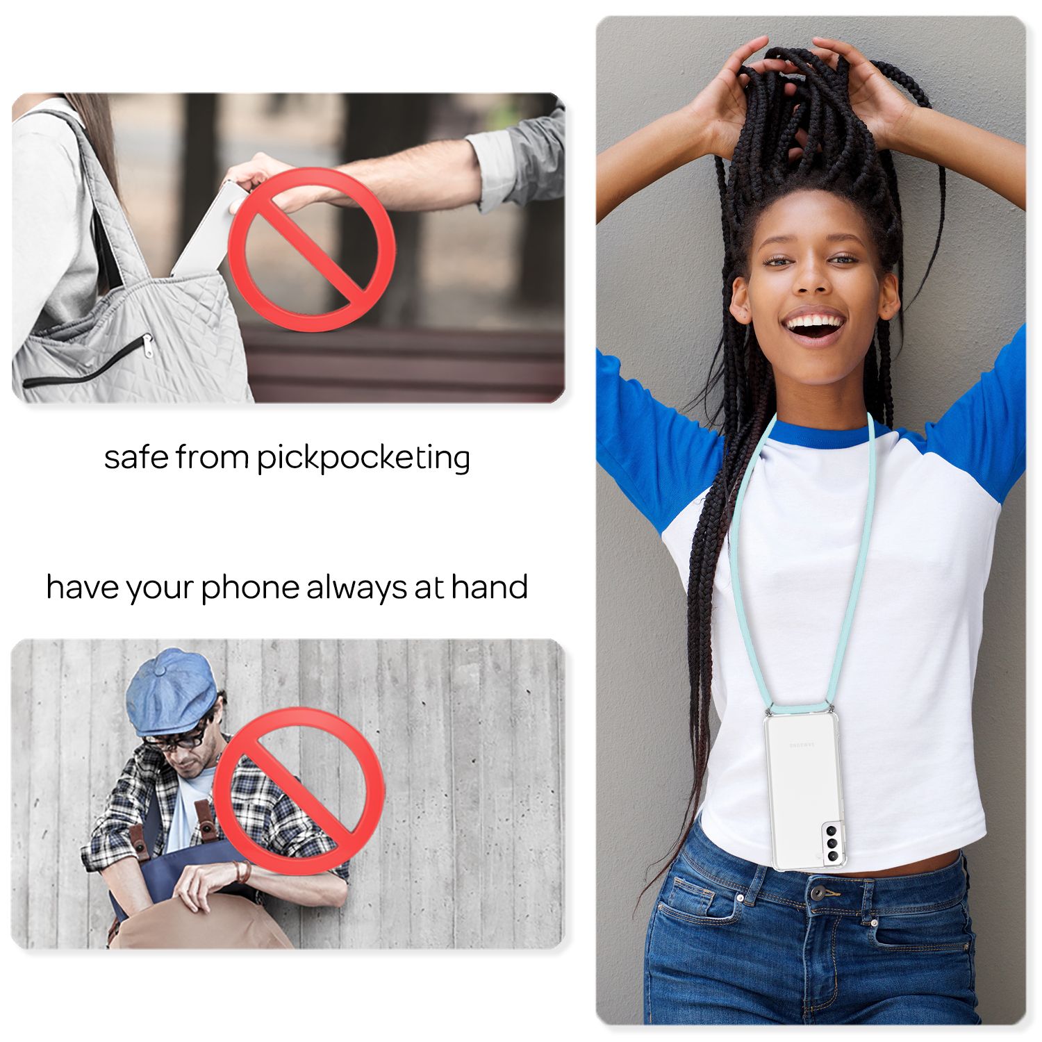 NALIA Handyhülle mit Kette für Samsung Galaxy S22, Transparente Klare Schutzhülle & Handy-Schnur zum Umhängen