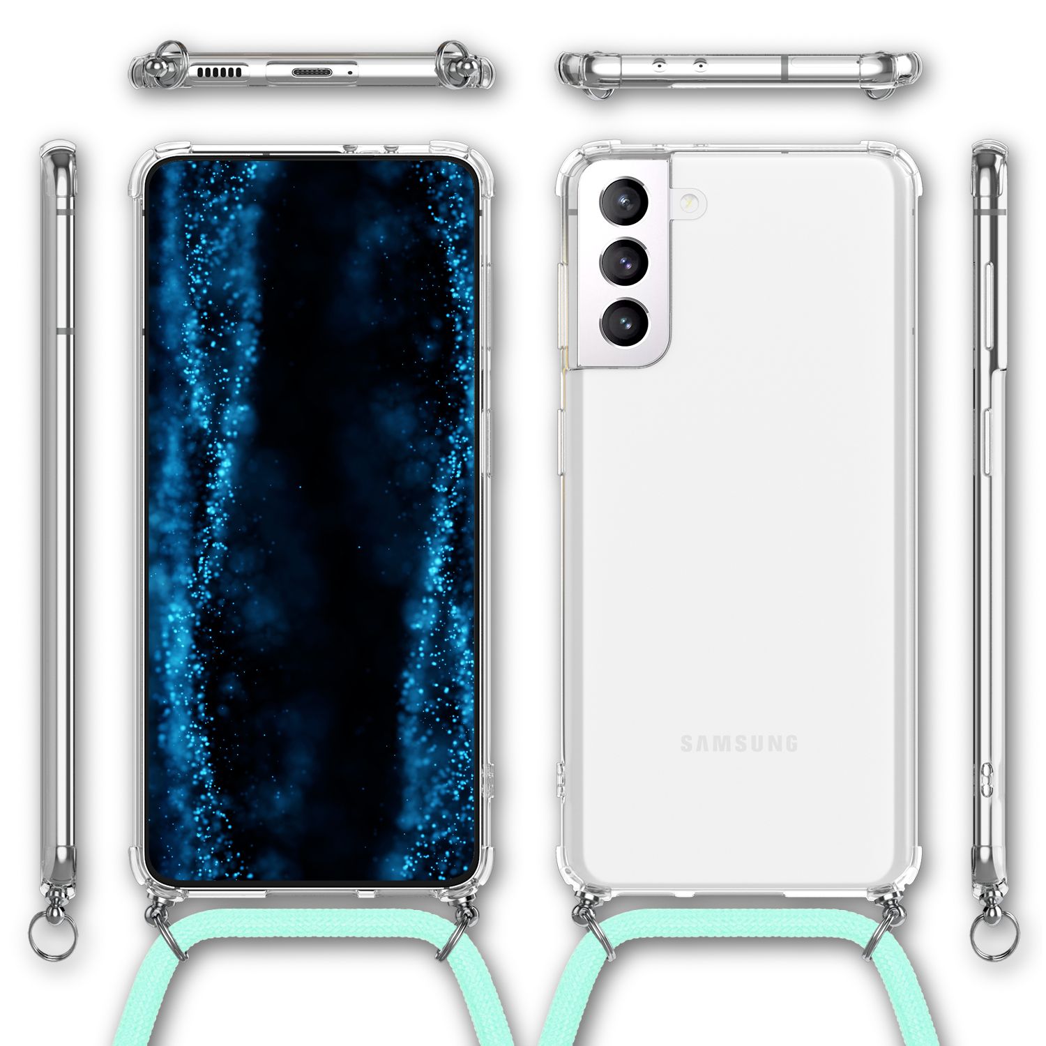 NALIA Handyhülle mit Kette für Samsung Galaxy S22, Transparente Klare Schutzhülle & Handy-Schnur zum Umhängen