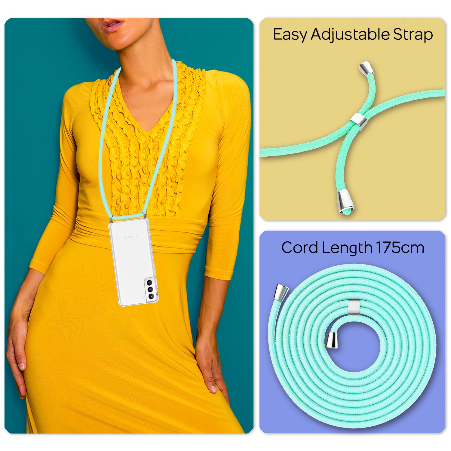 NALIA Handyhülle mit Kette für Samsung Galaxy S22 Plus, Transparente Schutzhülle & Handy-Schnur zum Umhängen, Robust Vergilbungsfrei Klar Mint-Grün NALIA Transparente Hülle