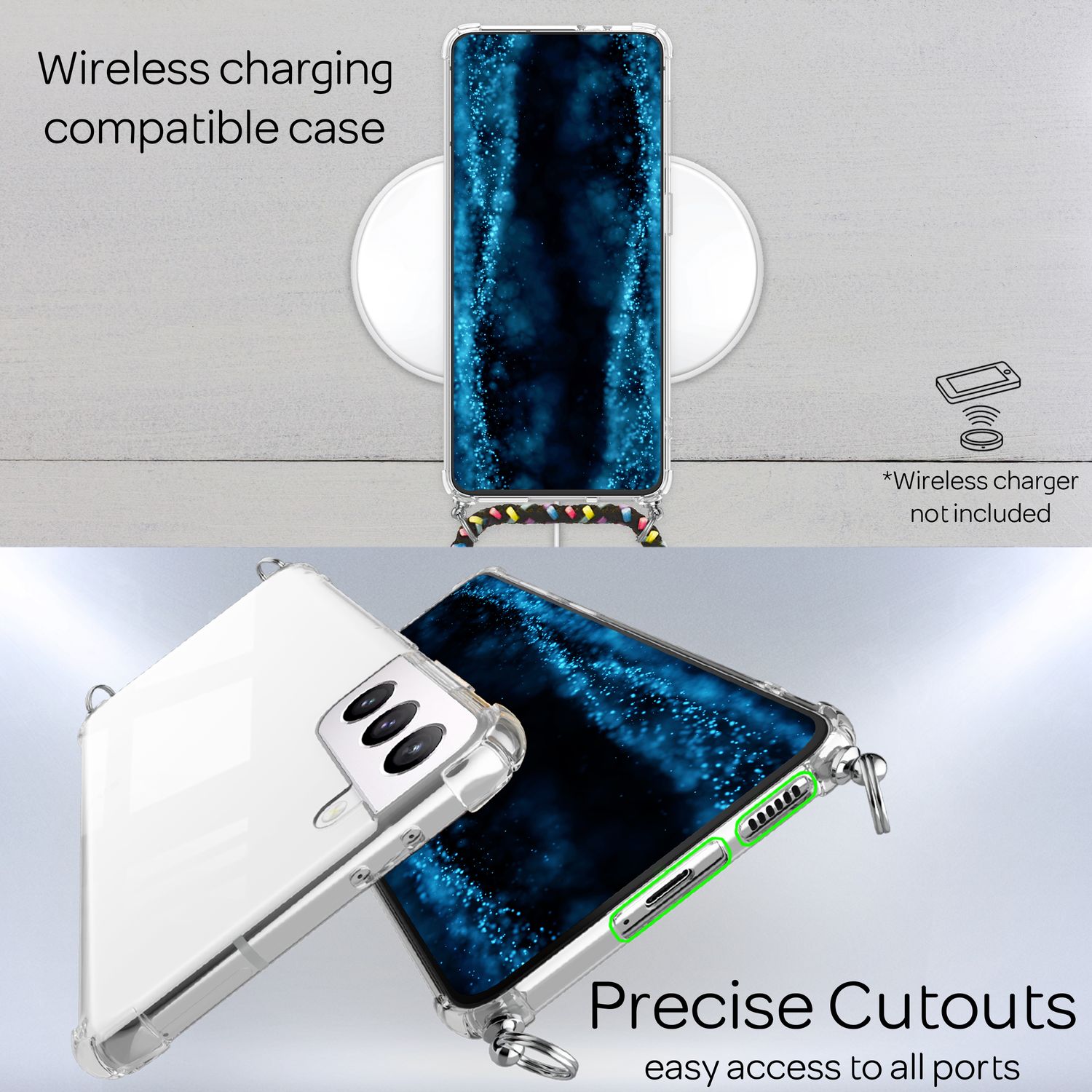 NALIA Handyhülle mit Kette für Samsung Galaxy S22 Plus, Transparente Schutzhülle & Handy-Schnur zum Umhängen, Robust Vergilbungsfrei Klar Schwarz Bunt NALIA Transparente Hülle