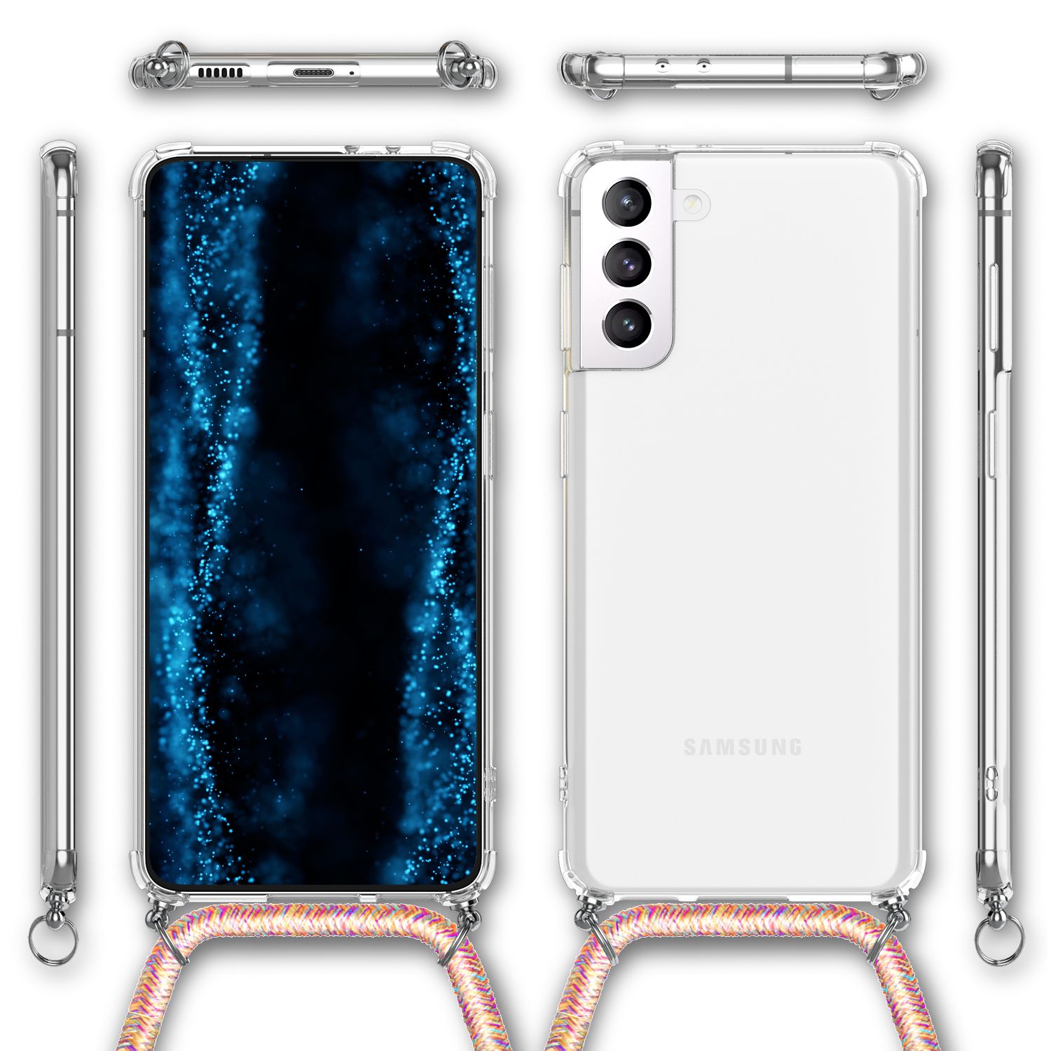 NALIA Handyhülle mit Kette für Samsung Galaxy S22 Plus, Transparente Schutzhülle & Handy-Schnur zum Umhängen, Robust Vergilbungsfrei Klar Regenbogen NALIA Transparente Hülle