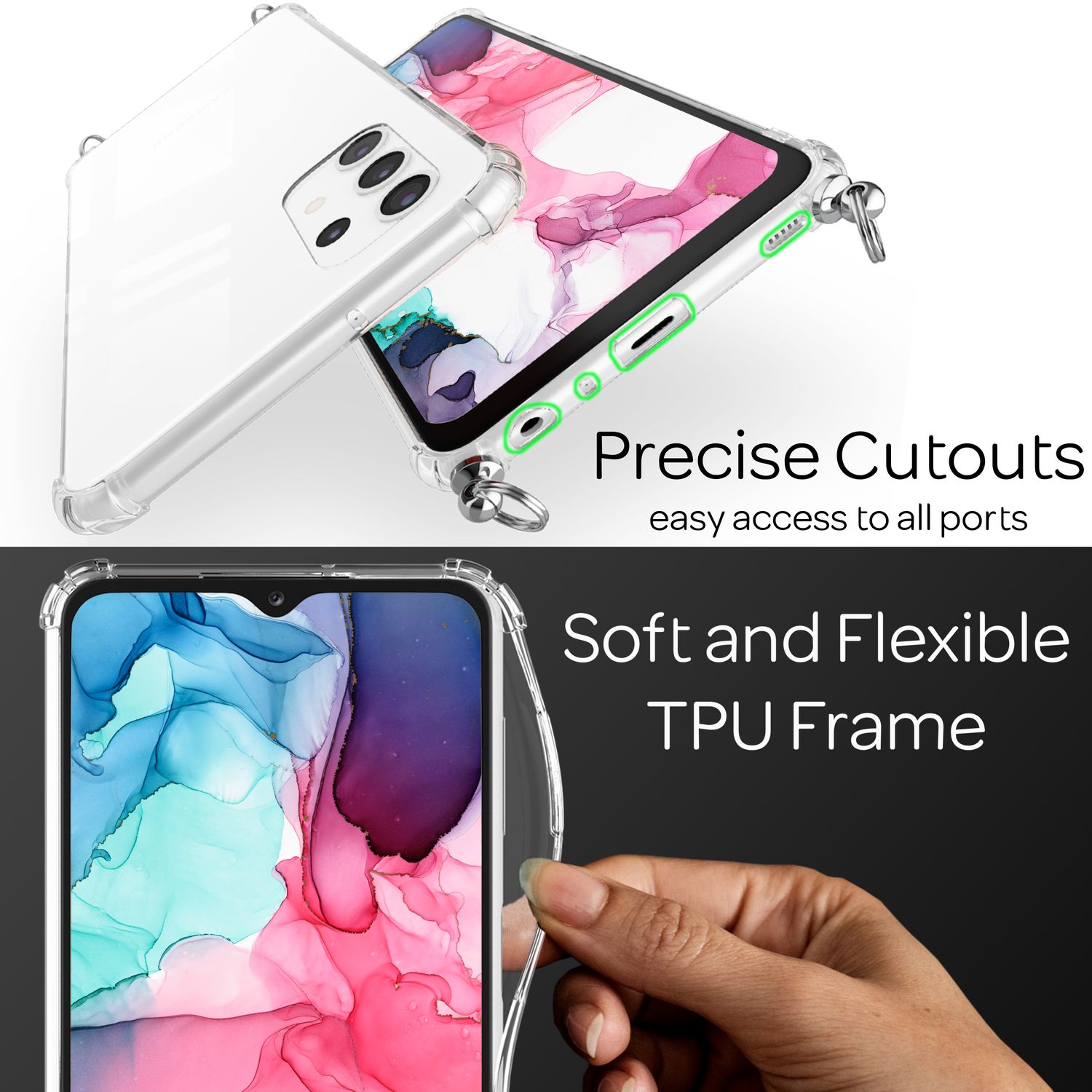 Für Samsung Galaxy A13 - Transparente Handy Hülle mit Kette & Handy-Schnur Schwarz Bunt NALIA Transparente Hülle