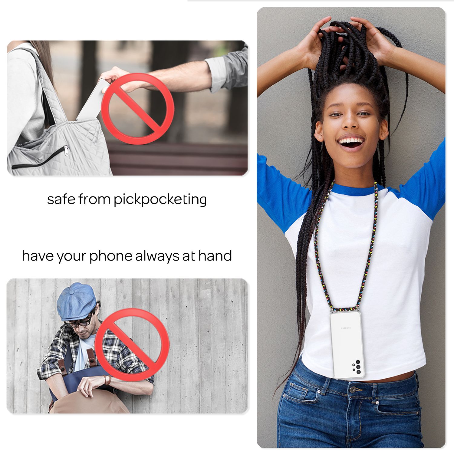 Für Samsung Galaxy A13 - Transparente Handy Hülle mit Kette & Handy-Schnur Schwarz Bunt NALIA Transparente Hülle