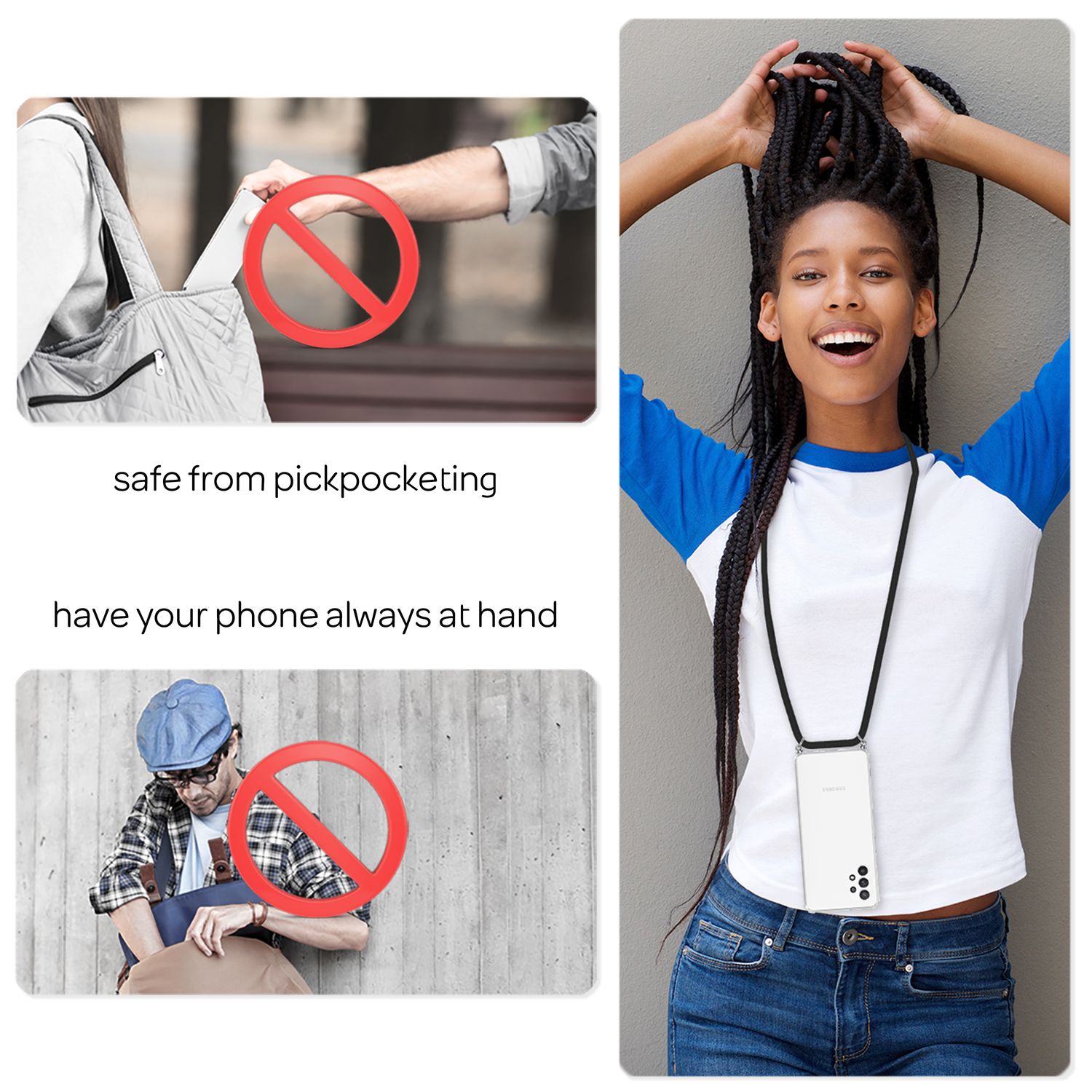 Für Samsung Galaxy A13 - Transparente Handy Hülle mit Kette & Handy-Schnur Schwarz NALIA Transparente Hülle