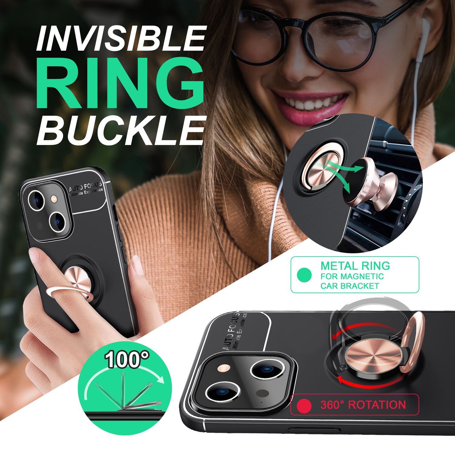 Hülle für iPhone 14 - Matt Schwarz Ring Handyhülle Aufsteller Case Ständer Cover