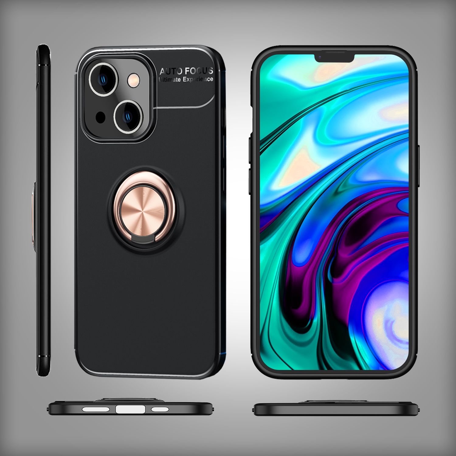 Hülle für iPhone 14 - Matt Schwarz Ring Handyhülle Aufsteller Case Ständer Cover