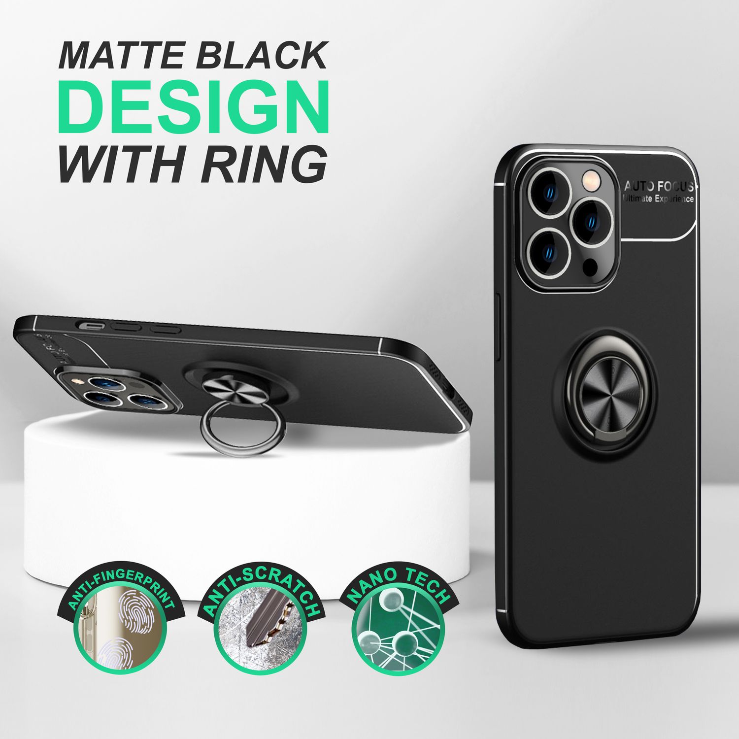Hülle für iPhone 14 Pro - Matt Schwarz Ring Handyhülle Aufsteller Ständer Cover Schwarz NALIA Protective Hülle