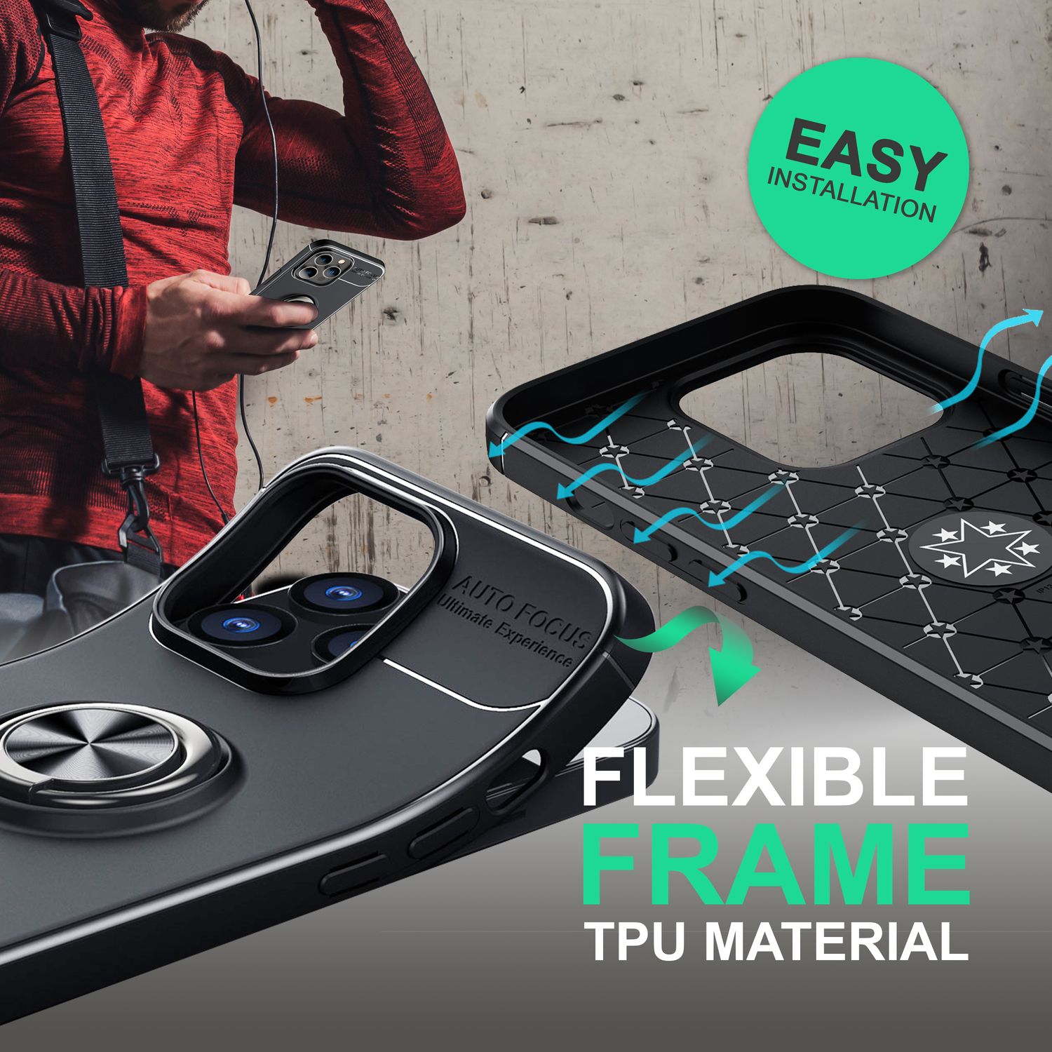 Hülle für iPhone 14 Pro Max - Matt Schwarze Ring Handyhülle Aufsteller Ständer