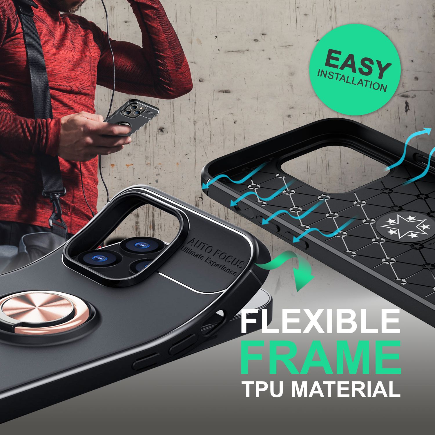 Hülle für iPhone 14 Pro Max - Matt Schwarze Ring Handyhülle Aufsteller Ständer