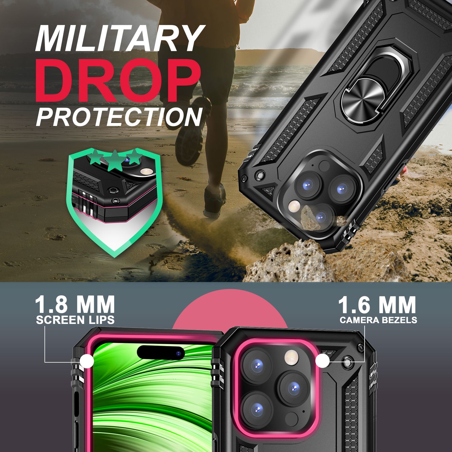 Ring Hülle für iPhone 14 Pro Max - Military Schutz Stoßfest Outdoor Hard Case Schwarz NALIA Outdoor Hülle