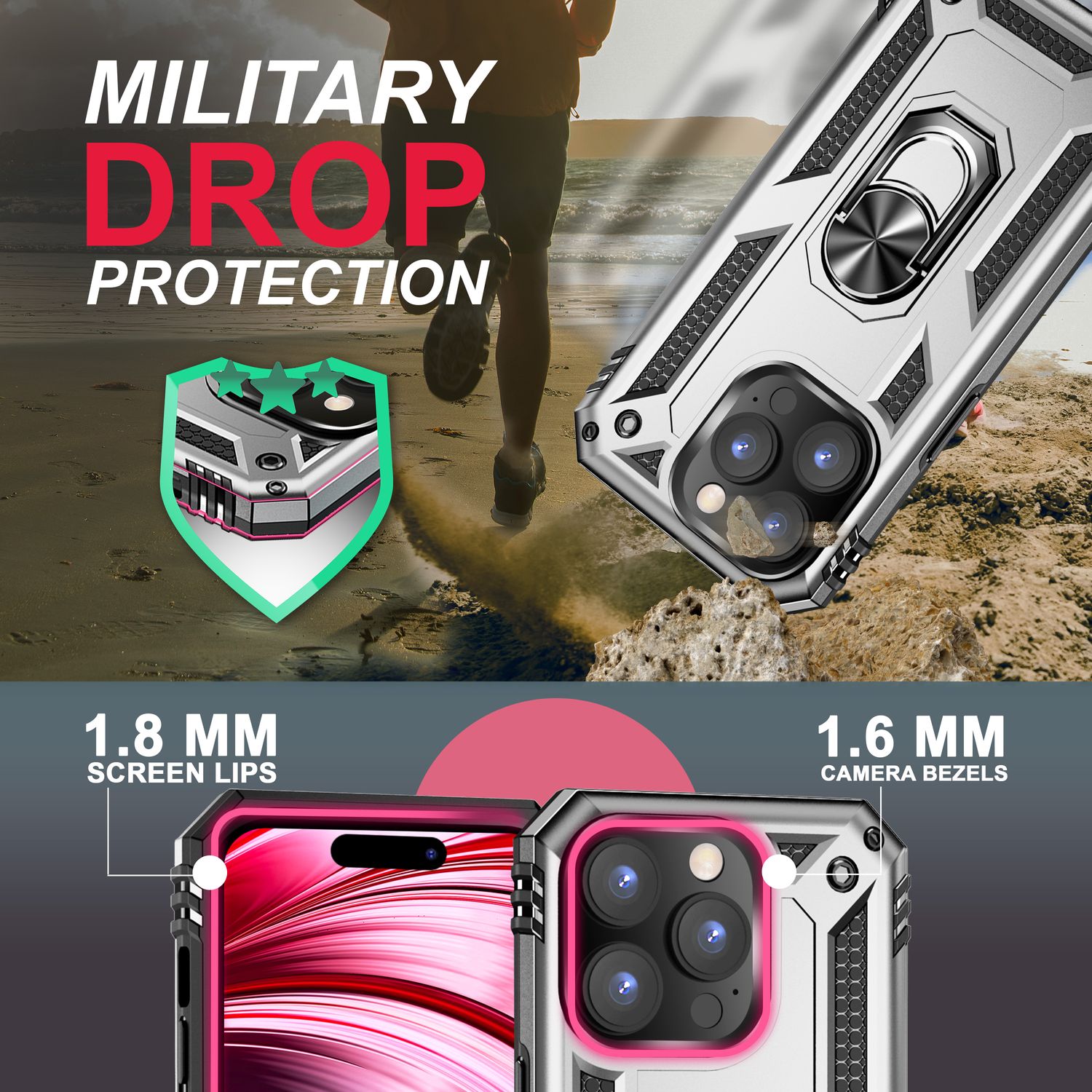Ring Hülle für iPhone 14 Pro Max - Military Schutz Stoßfest Outdoor Hard Case Silber NALIA Outdoor Hülle
