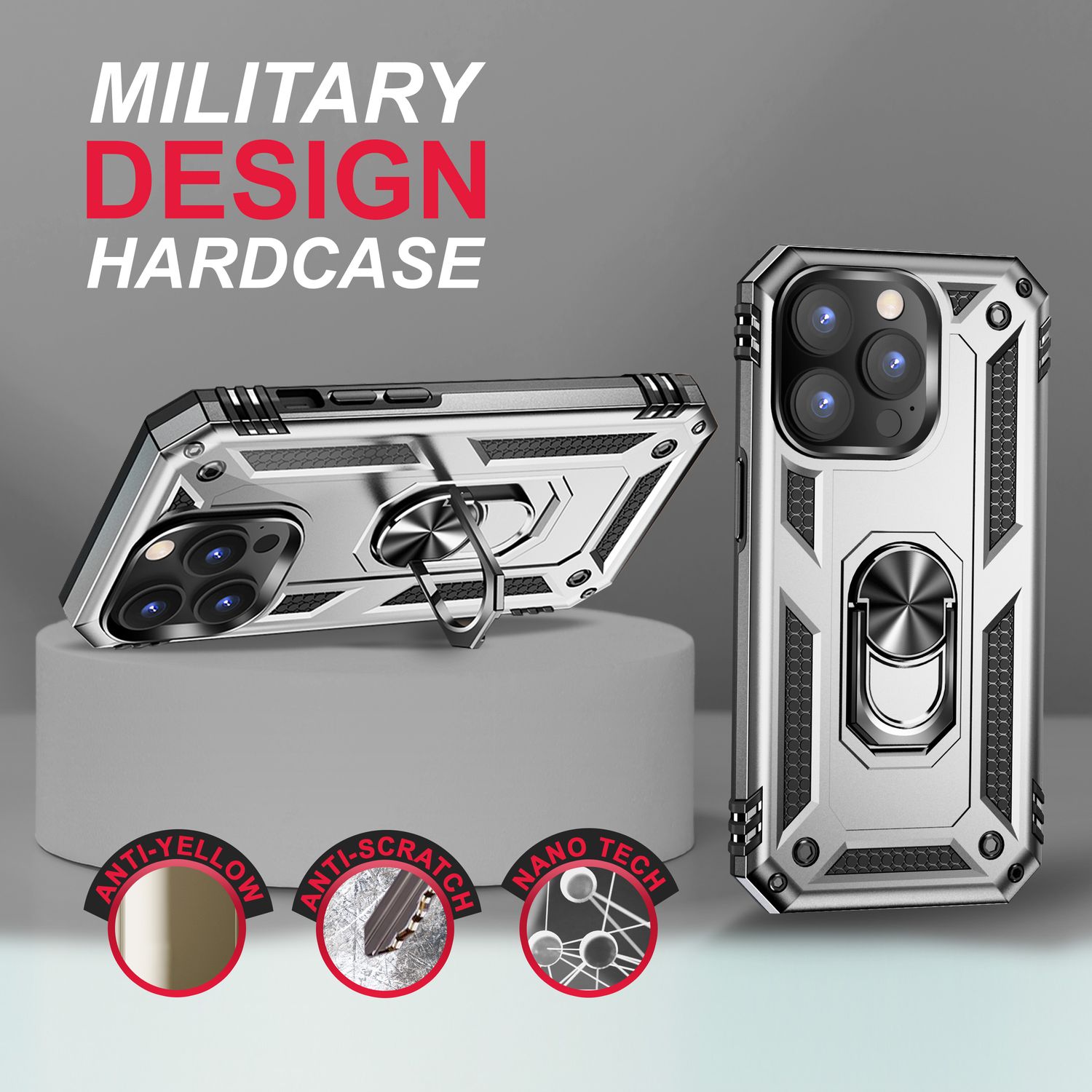 Ring Hülle für iPhone 14 Pro Max - Military Schutz Stoßfest Outdoor Hard Case Silber NALIA Outdoor Hülle