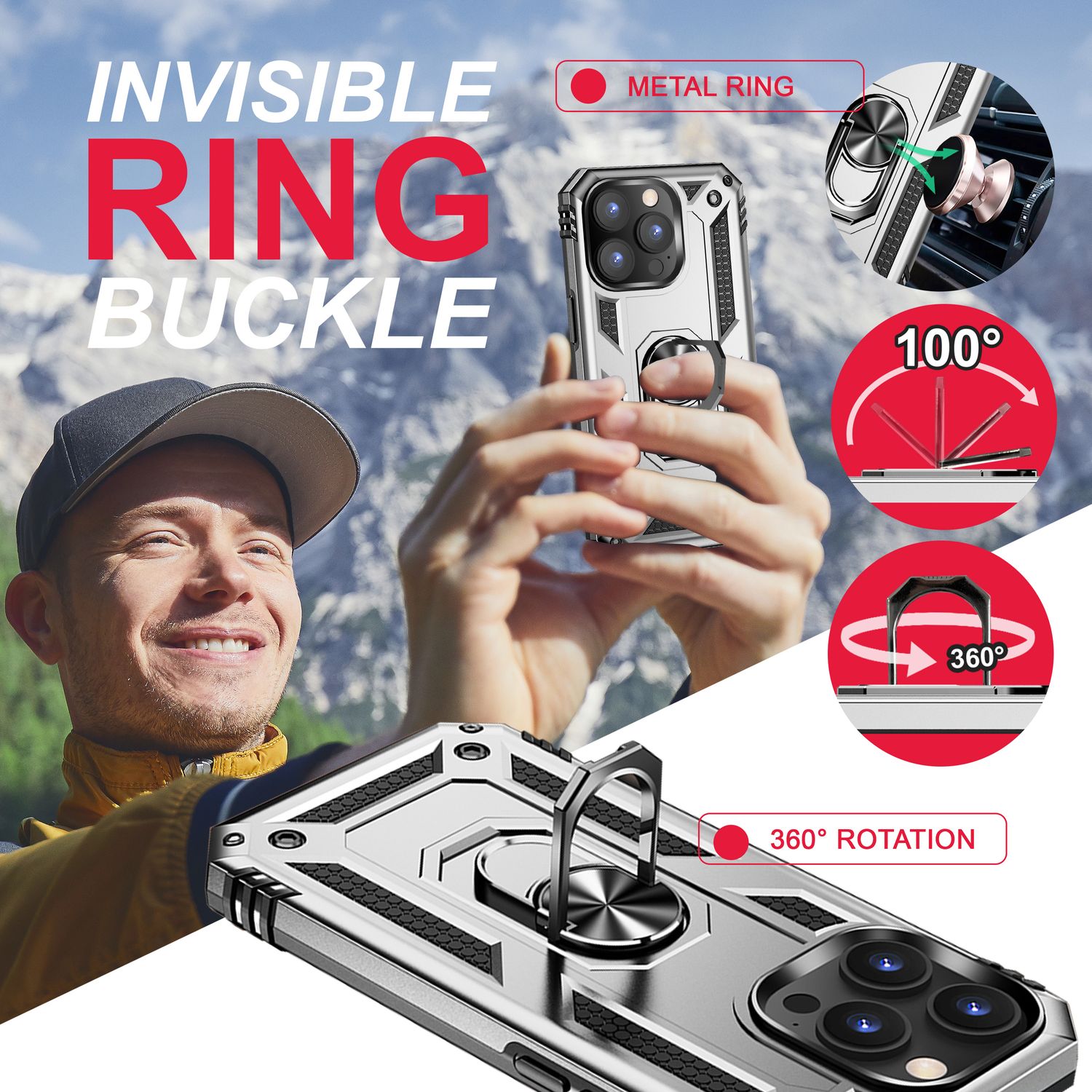 Ring Hülle für iPhone 14 Pro Max - Military Schutz Stoßfest Outdoor Hard Case Silber NALIA Outdoor Hülle