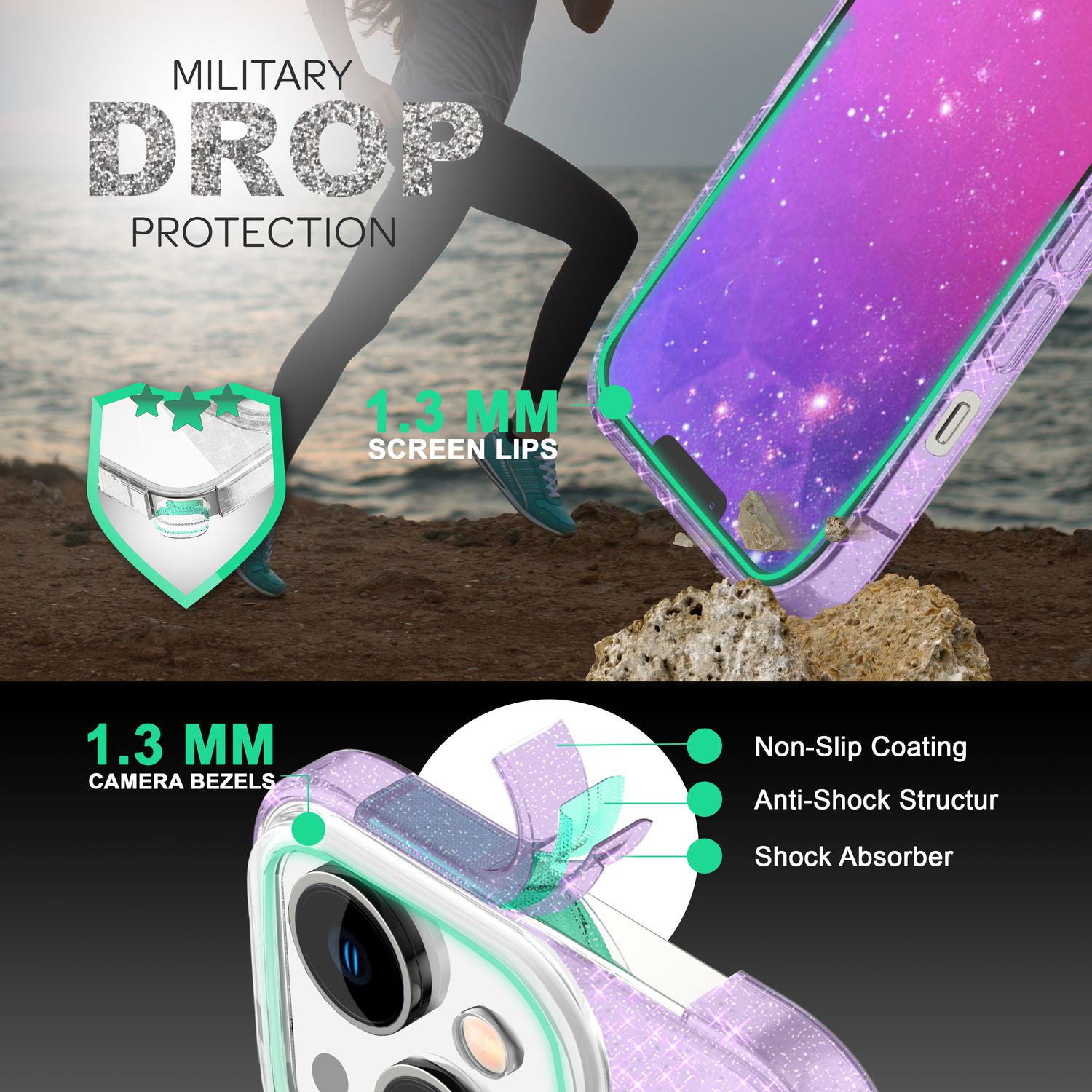 Hülle für iPhone 14 - Glitzer Cover Verstärkte Silikon Handyhülle Glitter Case Lila NALIA Protective Hülle