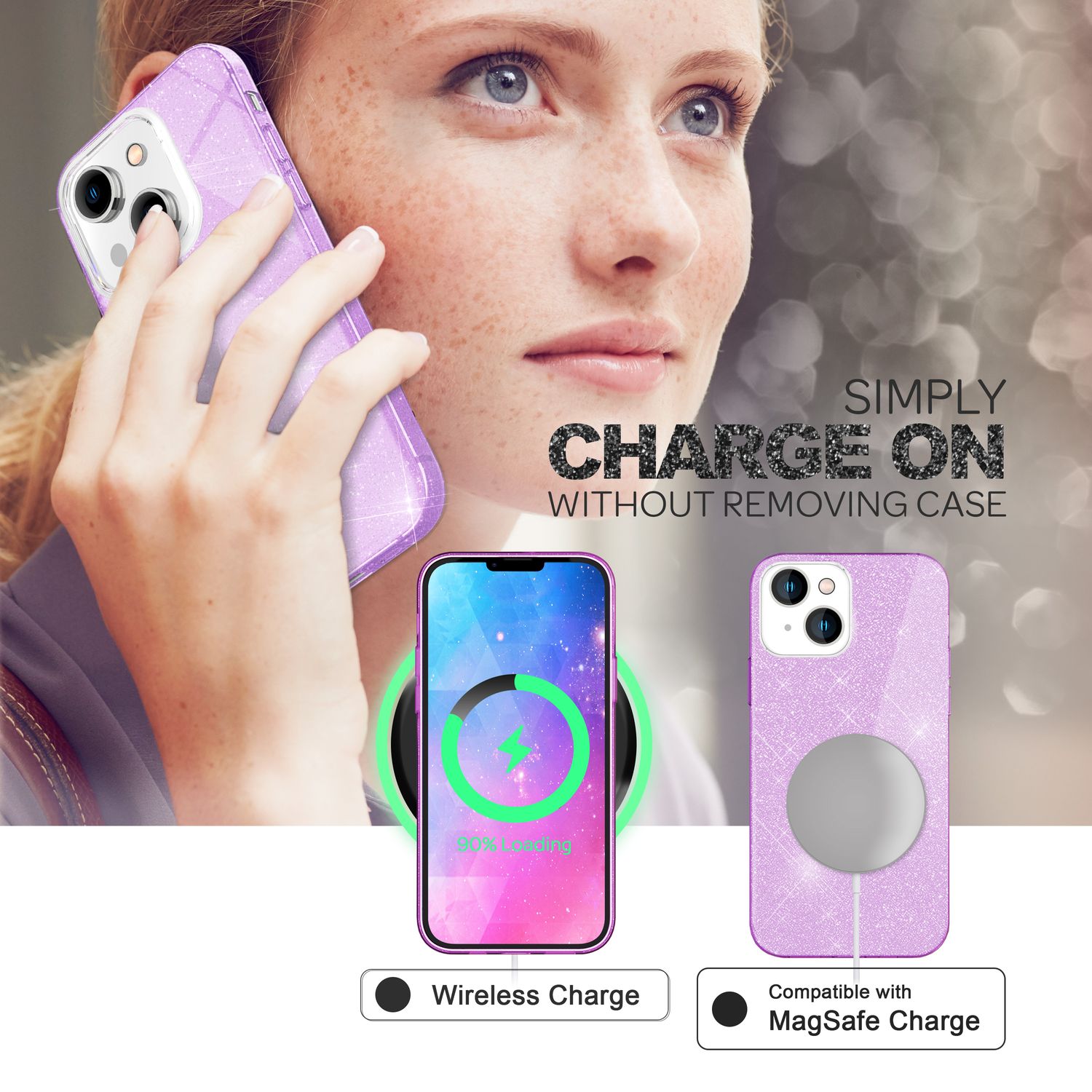 Hülle für iPhone 14 - Glitzer Cover Verstärkte Silikon Handyhülle Glitter Case Lila NALIA Protective Hülle