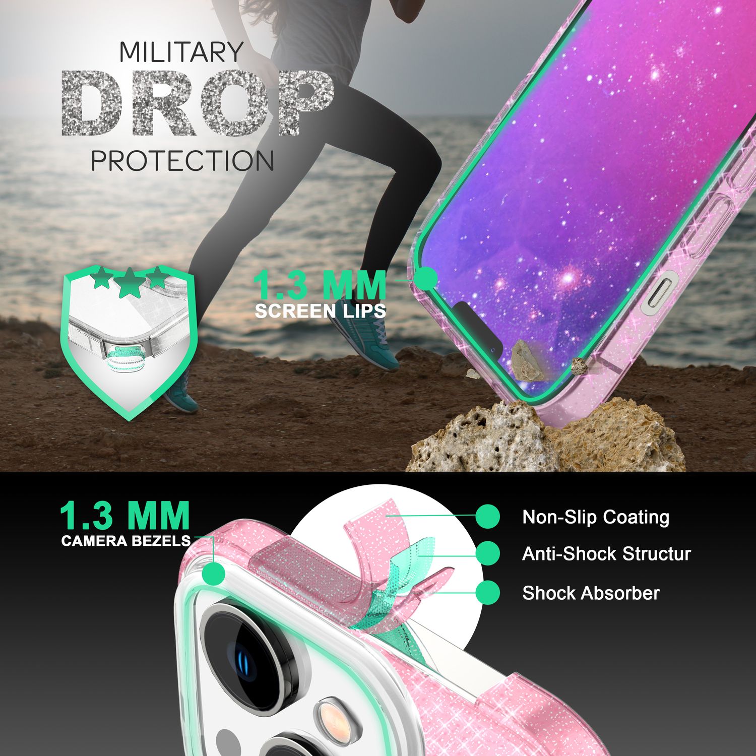 Hülle für iPhone 14 - Glitzer Cover Verstärkte Silikon Handyhülle Glitter Case Pink NALIA Protective Hülle