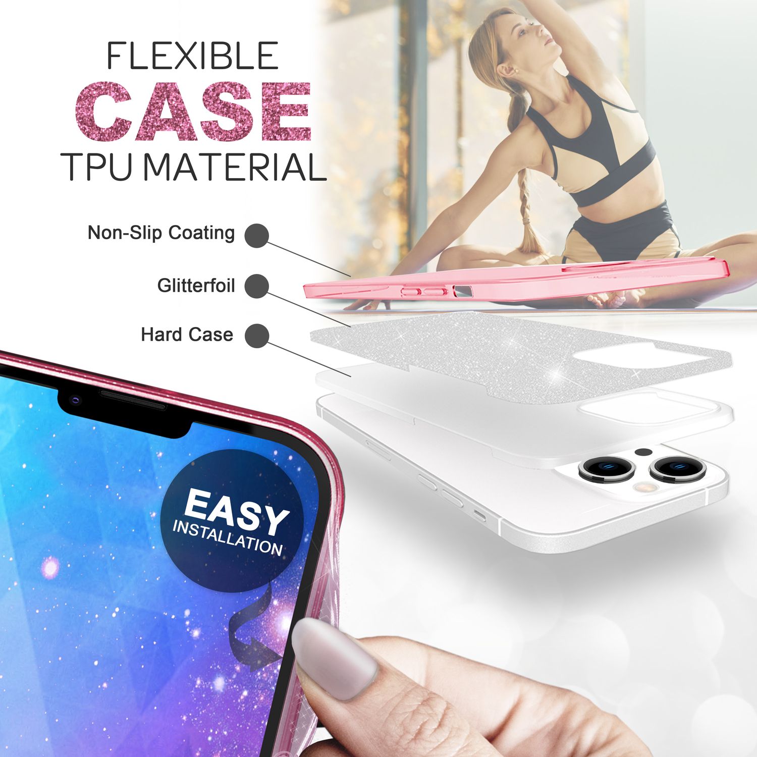 Hülle für iPhone 14 - Glitzer Cover Verstärkte Silikon Handyhülle Glitter Case Pink NALIA Protective Hülle