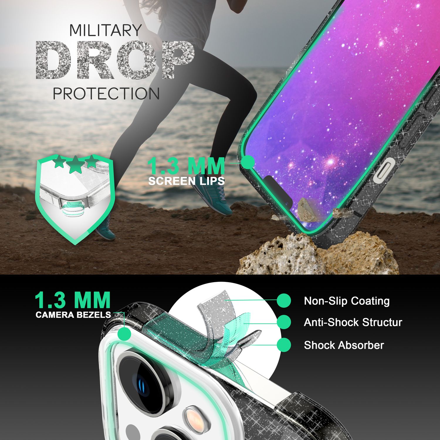 Hülle für iPhone 14 - Glitzer Cover Verstärkte Silikon Handyhülle Glitter Case Schwarz NALIA Protective Hülle