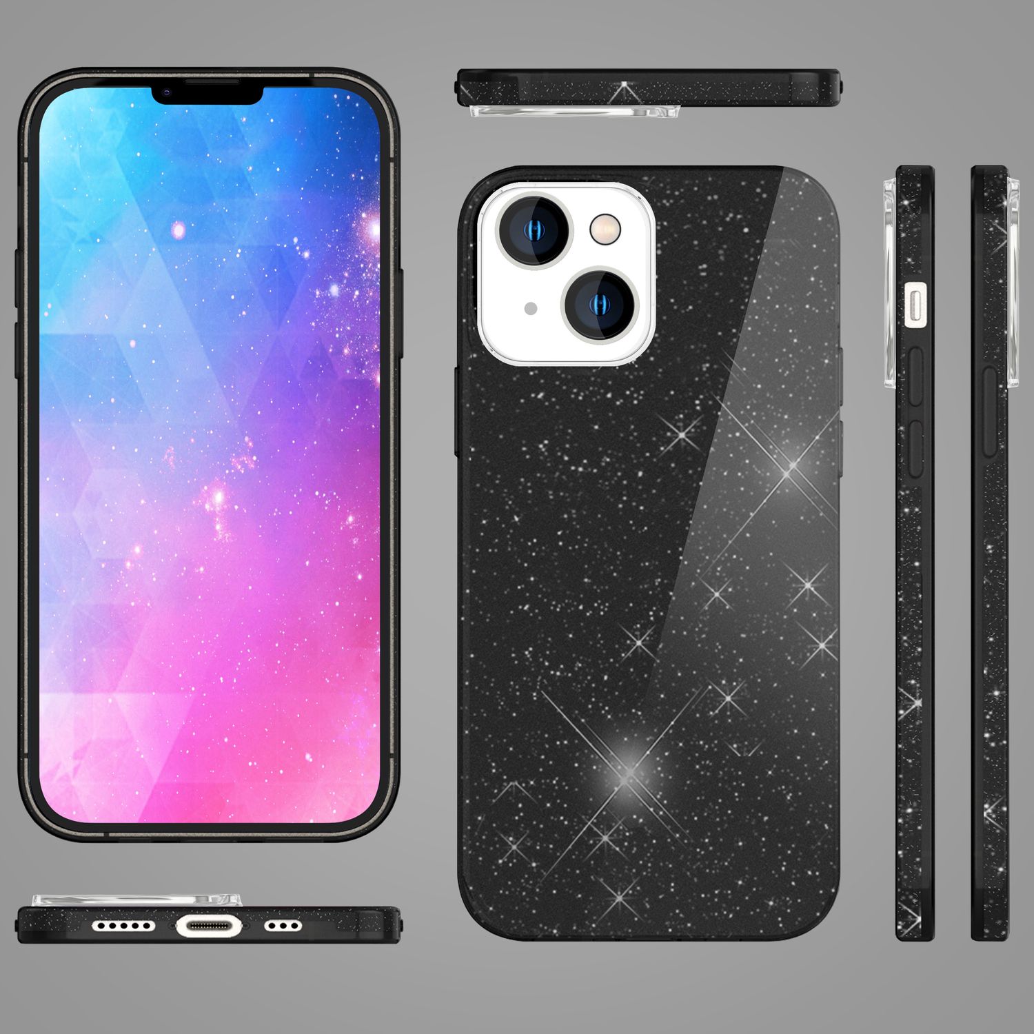 Hülle für iPhone 14 - Glitzer Cover Verstärkte Silikon Handyhülle Glitter Case Schwarz NALIA Protective Hülle