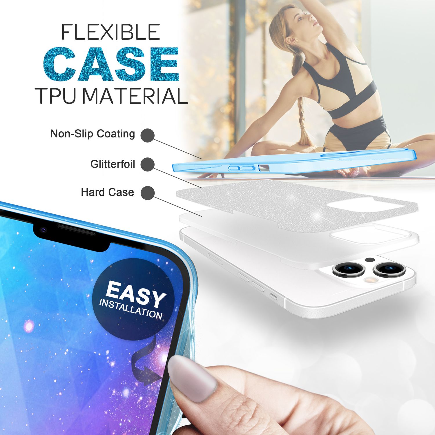 Hülle für iPhone 14 Plus - Glitzer Cover Hybrid Silikon Handyhülle Glitter Case Blau NALIA Protective Hülle
