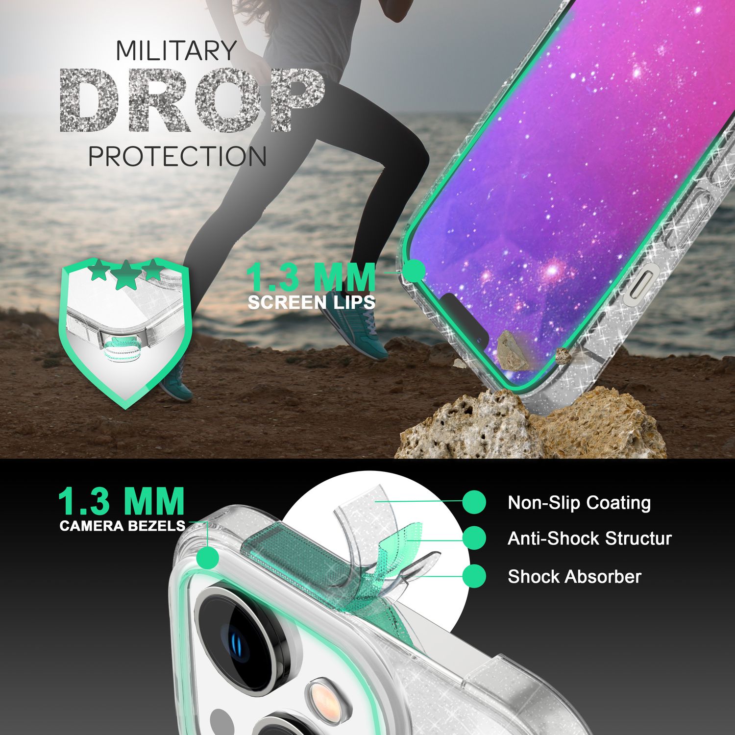 Hülle für iPhone 14 Plus - Glitzer Cover Hybrid Silikon Handyhülle Glitter Case Silber NALIA Protective Hülle