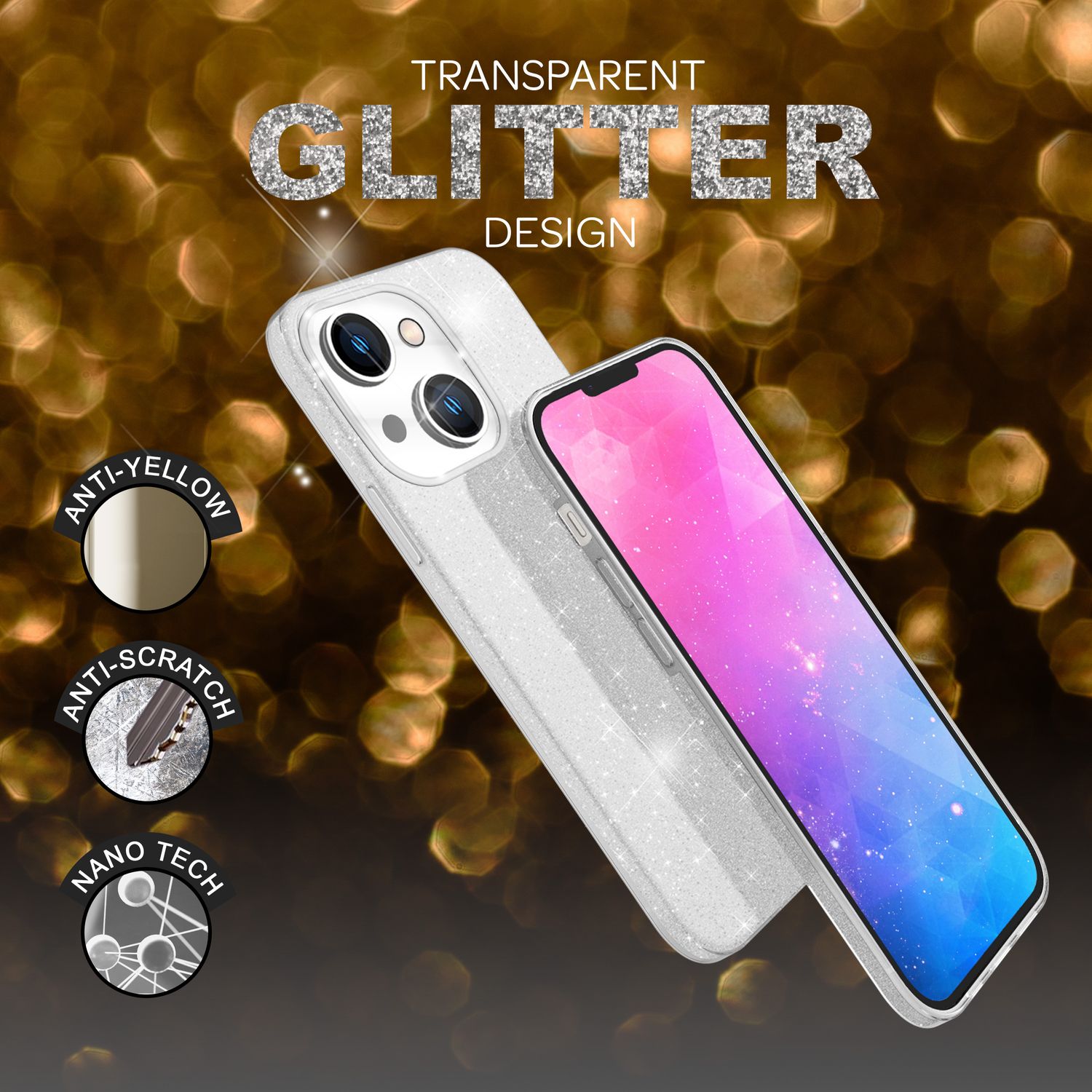 Hülle für iPhone 14 Plus - Glitzer Cover Hybrid Silikon Handyhülle Glitter Case Silber NALIA Protective Hülle