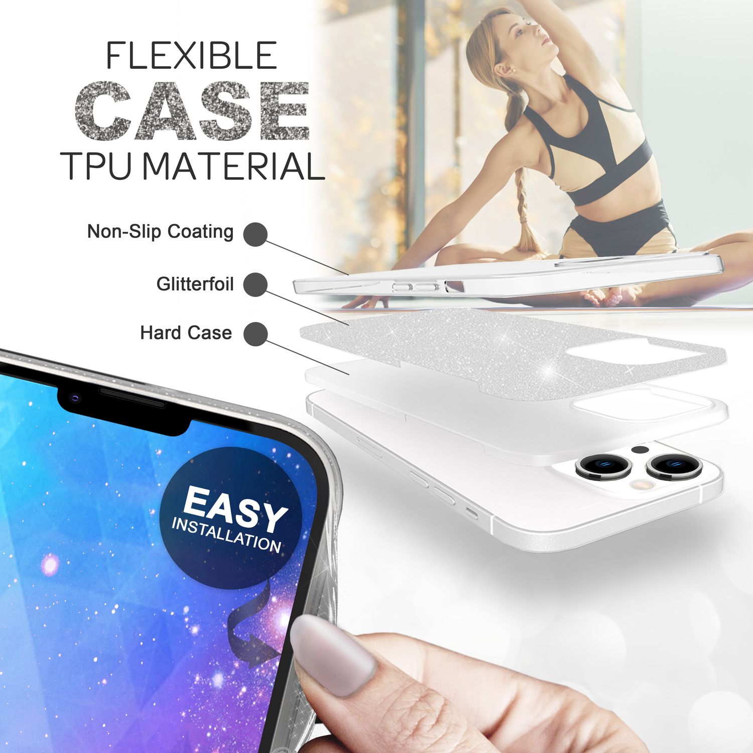 Hülle für iPhone 14 Plus - Glitzer Cover Hybrid Silikon Handyhülle Glitter Case Silber NALIA Protective Hülle